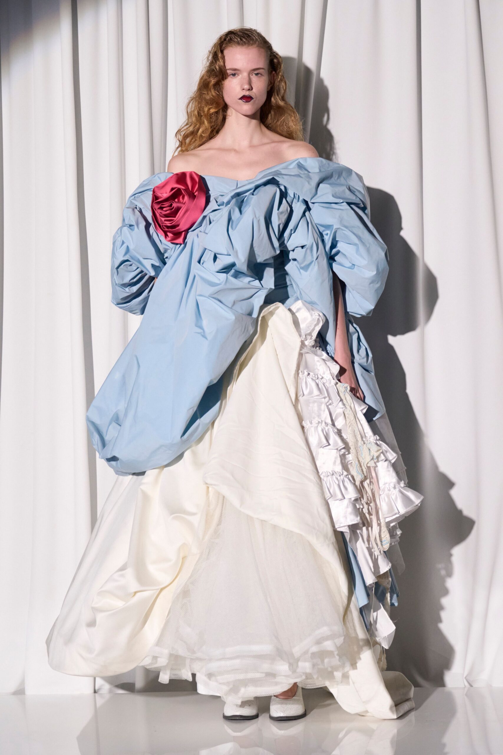 blue silk off-shoulder long-sleeve relaxed ruffled layered gown