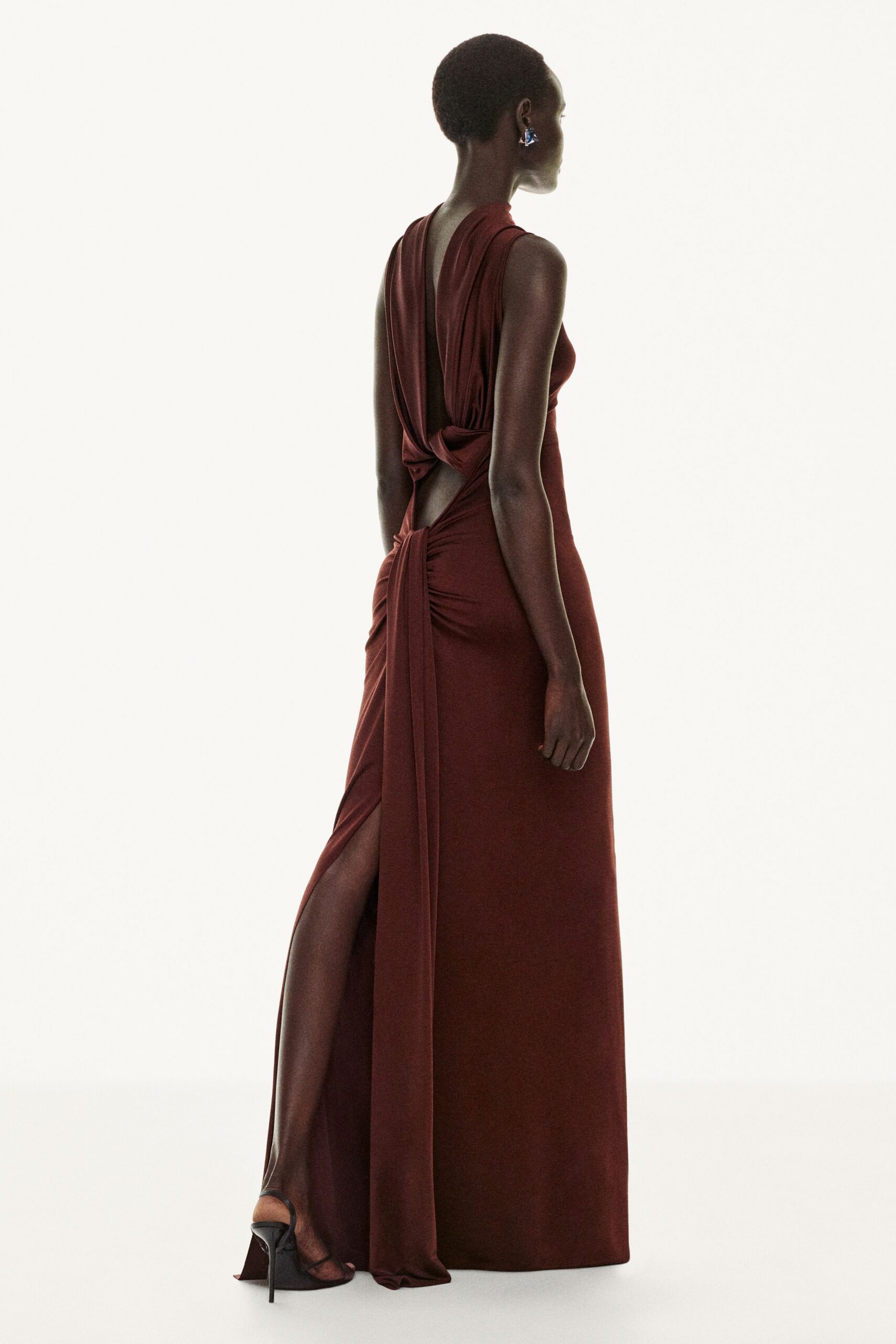 fitted maroon silk gown