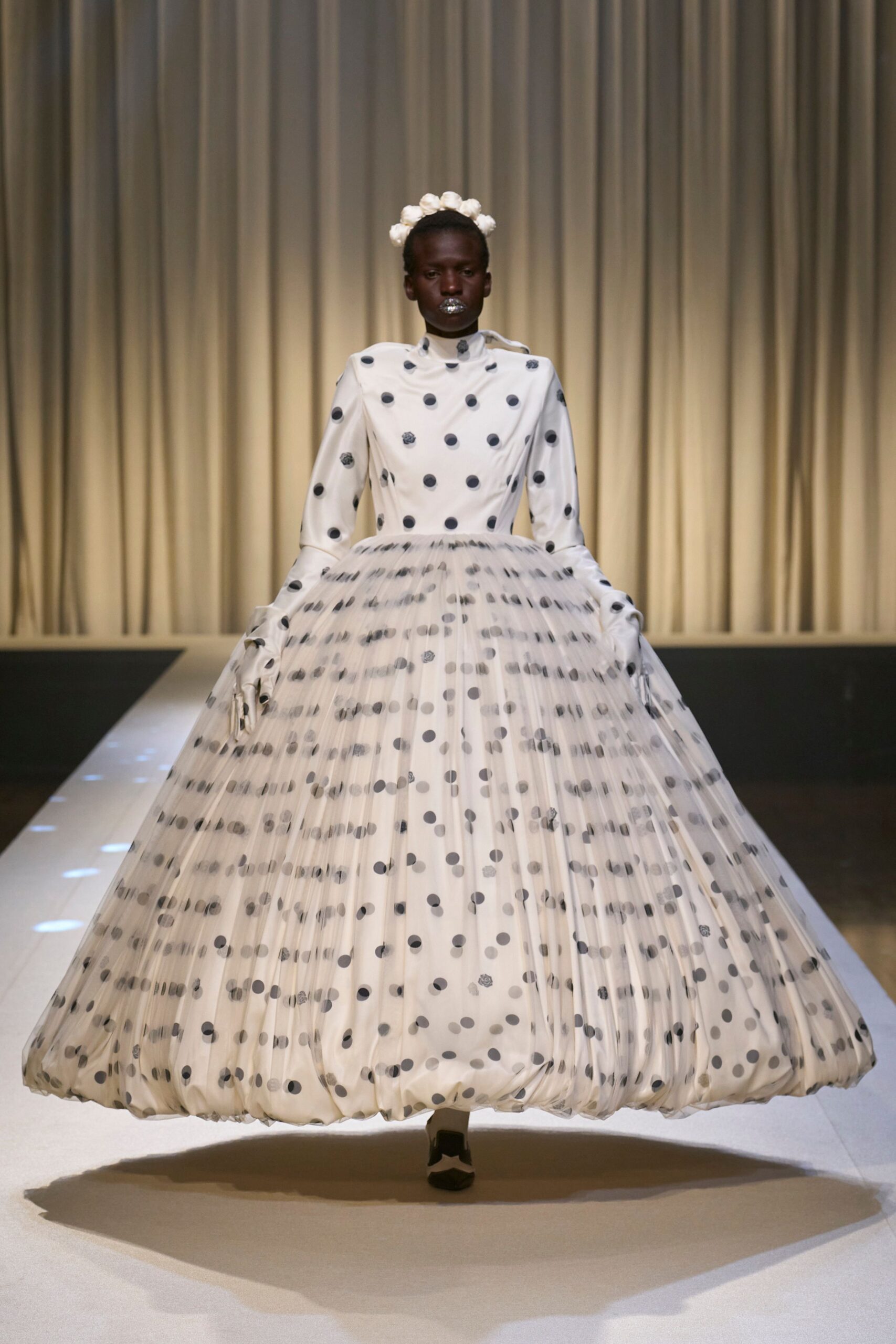 white silk long-sleeve high-neck fitted polka-dot tiered gown