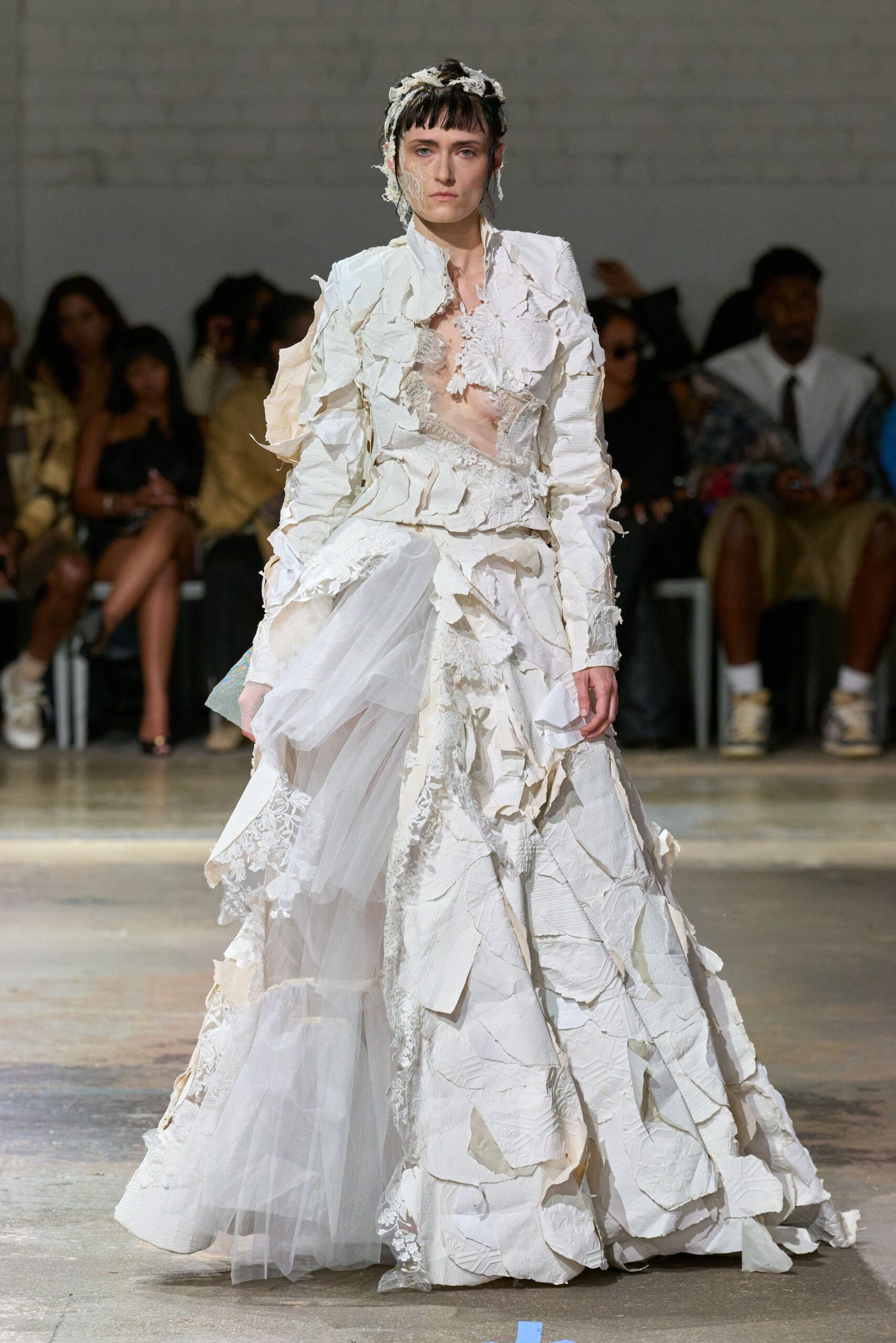white ruffled maxi gown