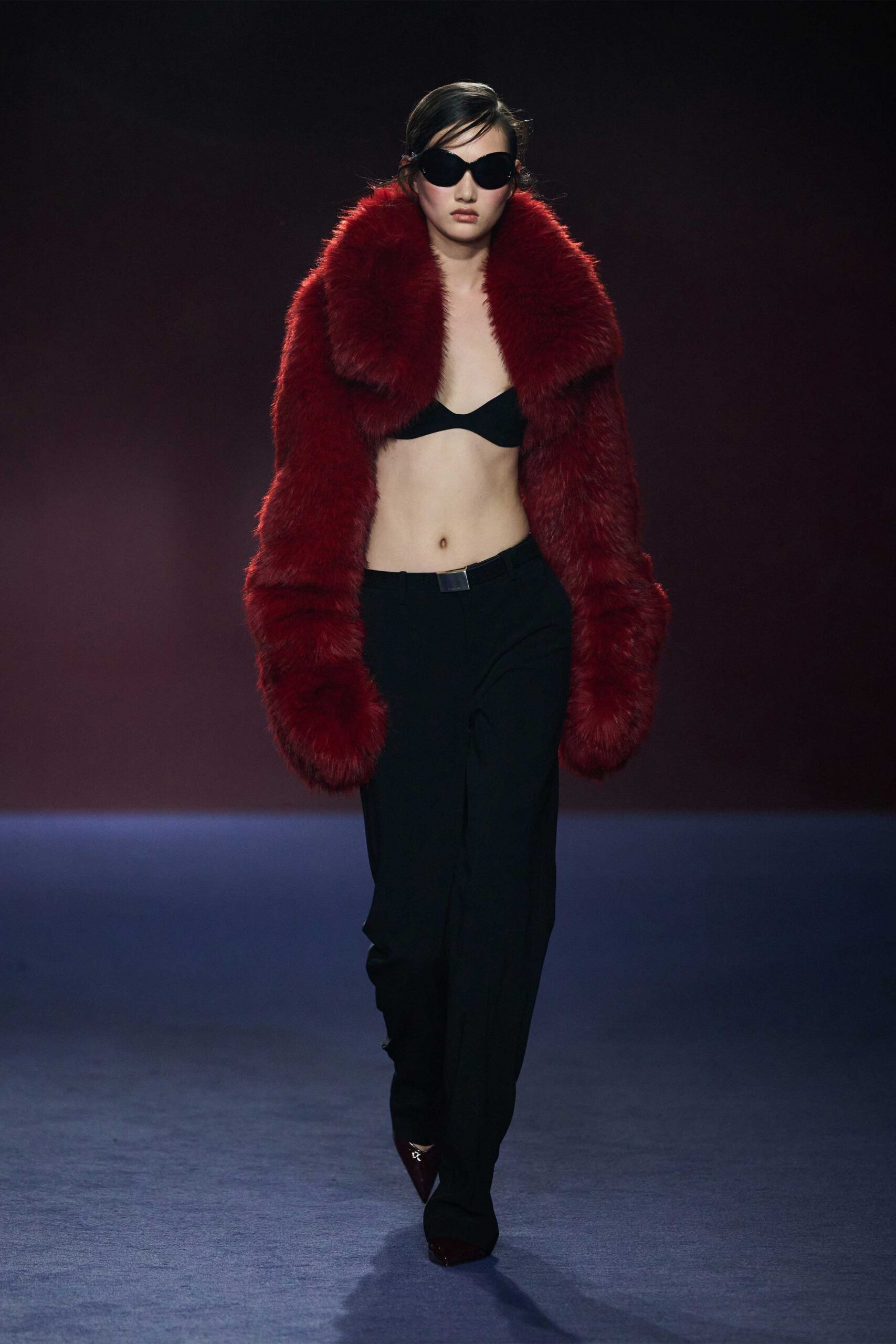 red fur coat black bikini