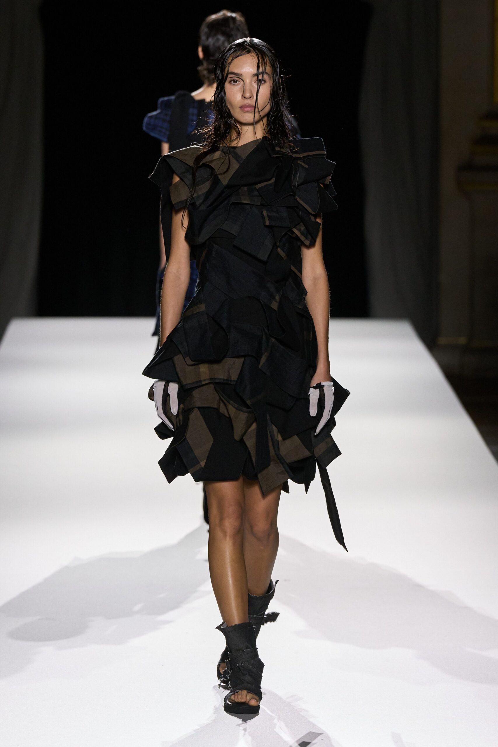 black and brown ruffled mini dress
