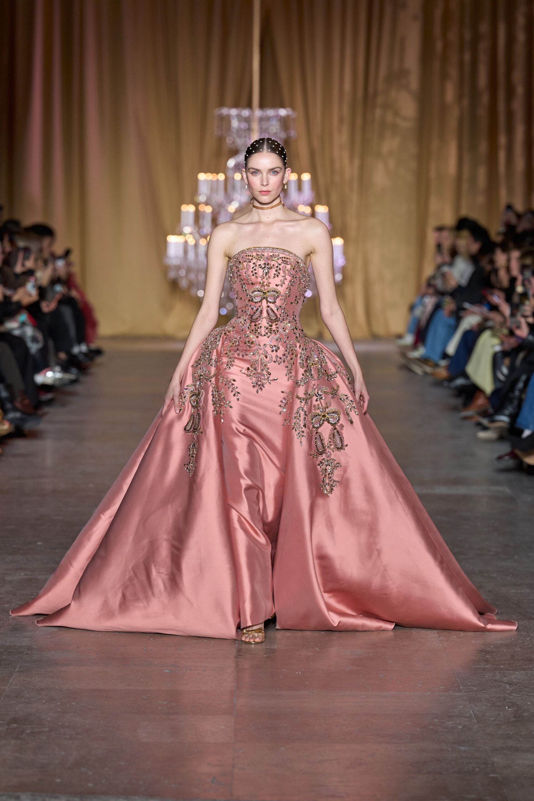 pink silk strapless gown