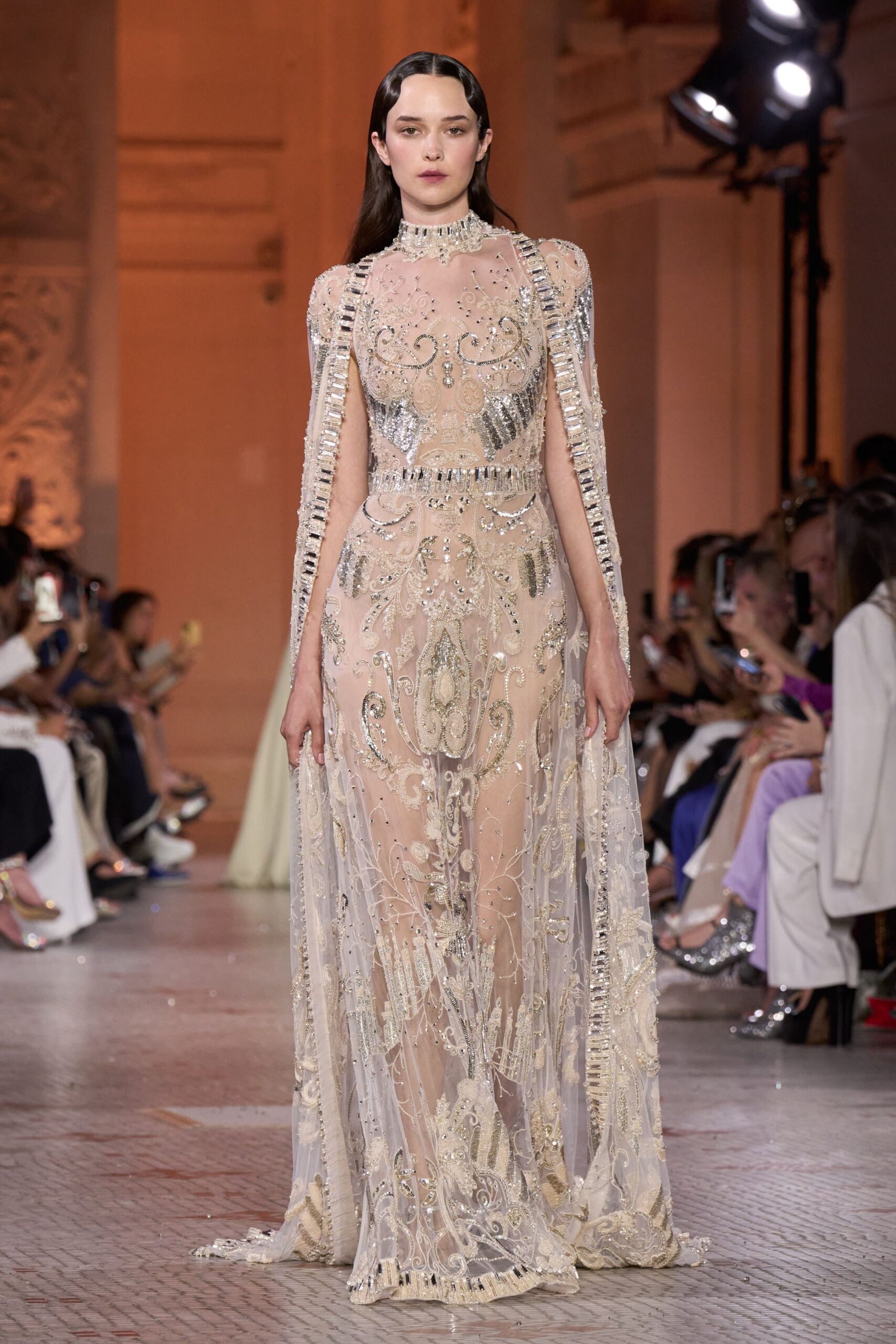 sheer gold embroidered gown
