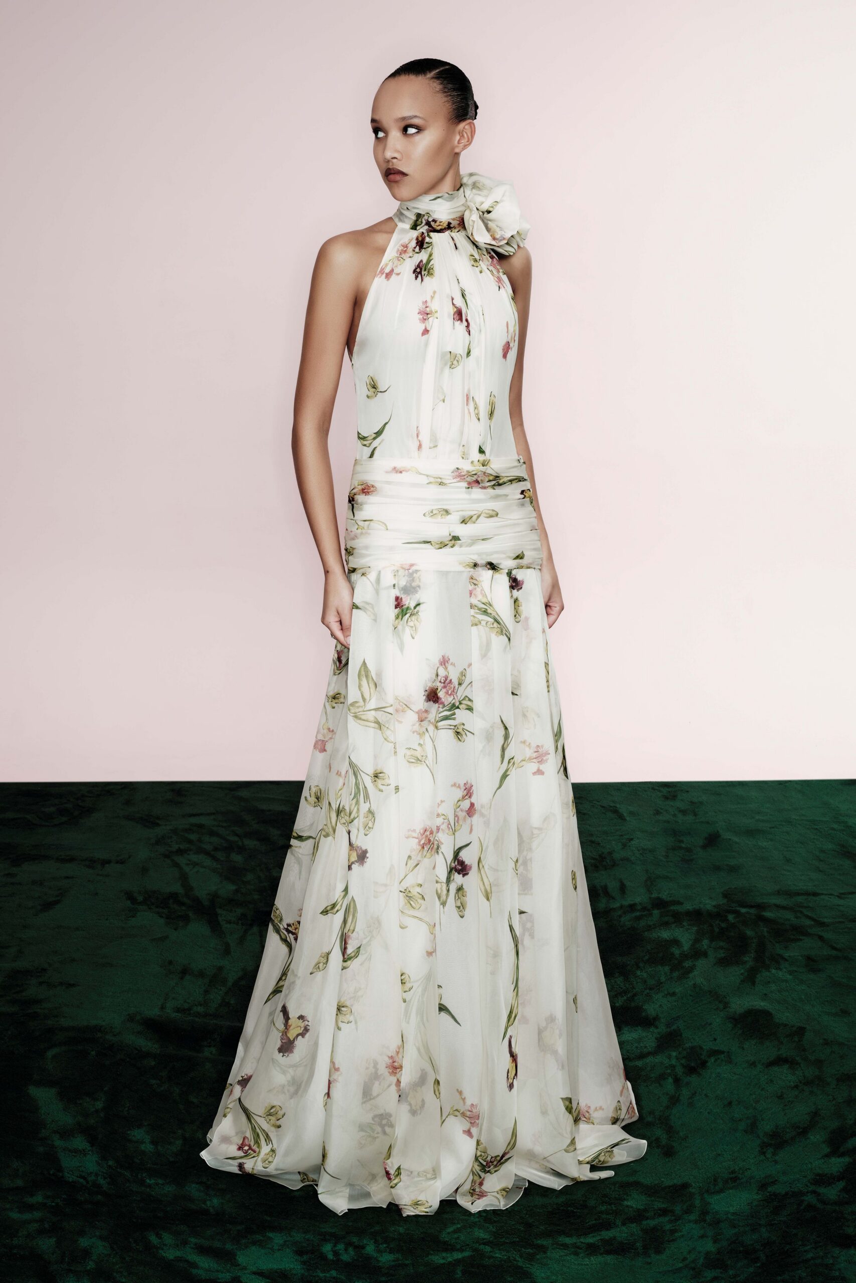 white floral halter gown