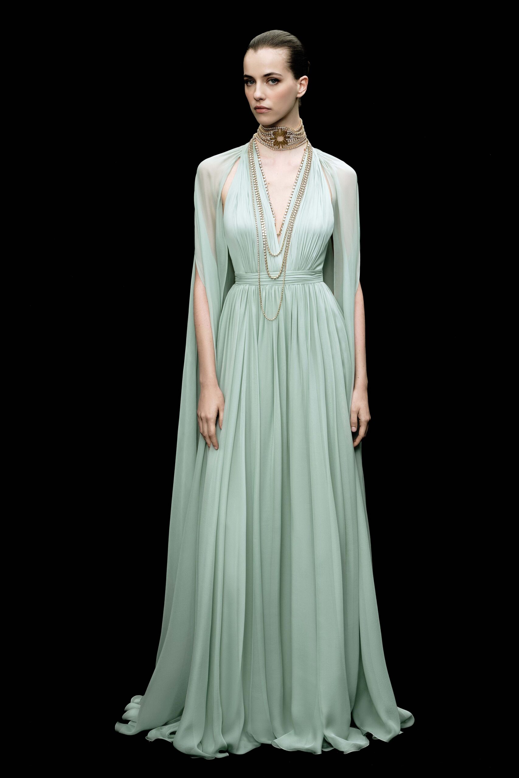 green chiffon sleeveless gown