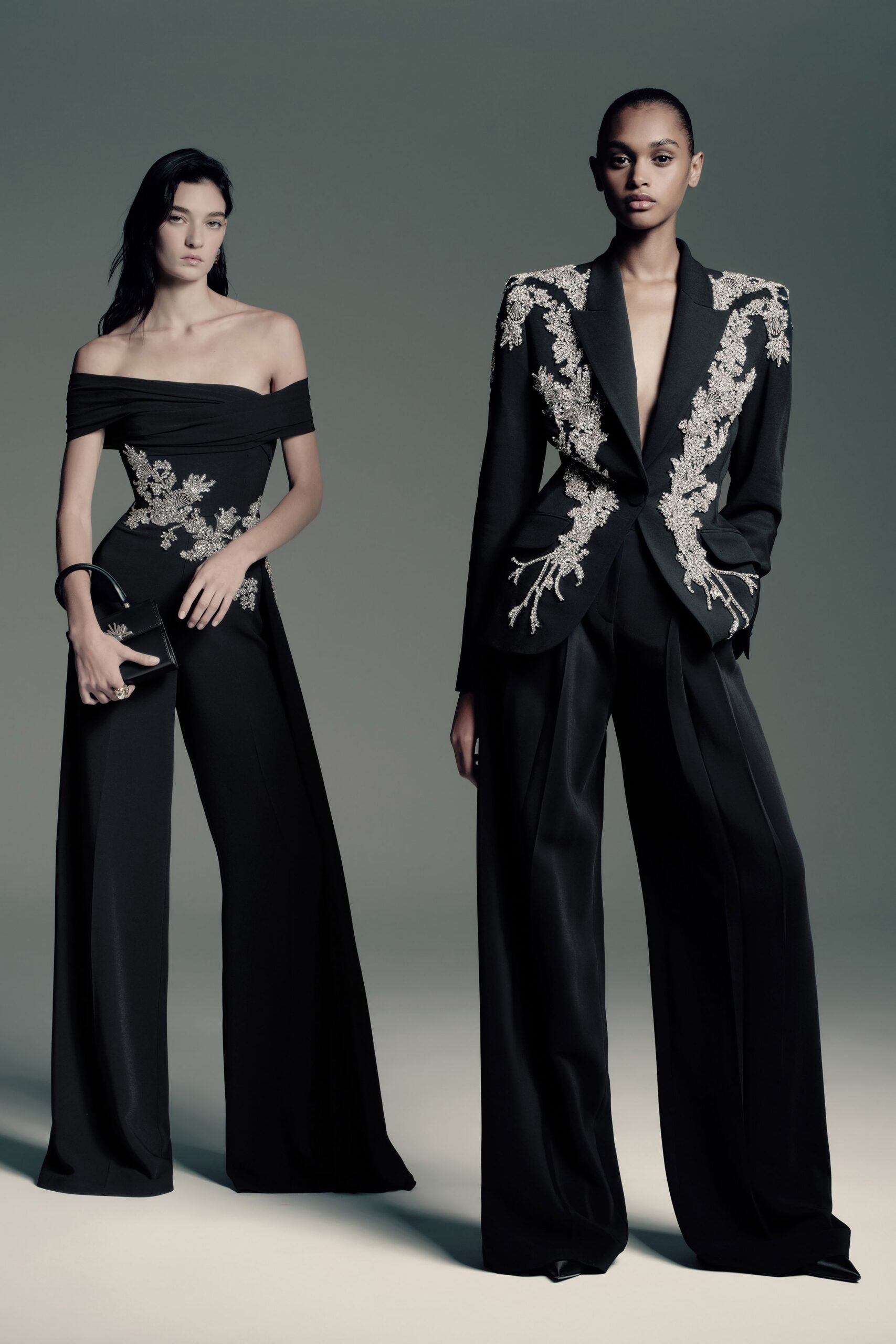black silk long-sleeve v-neck tailored embroidered jacket