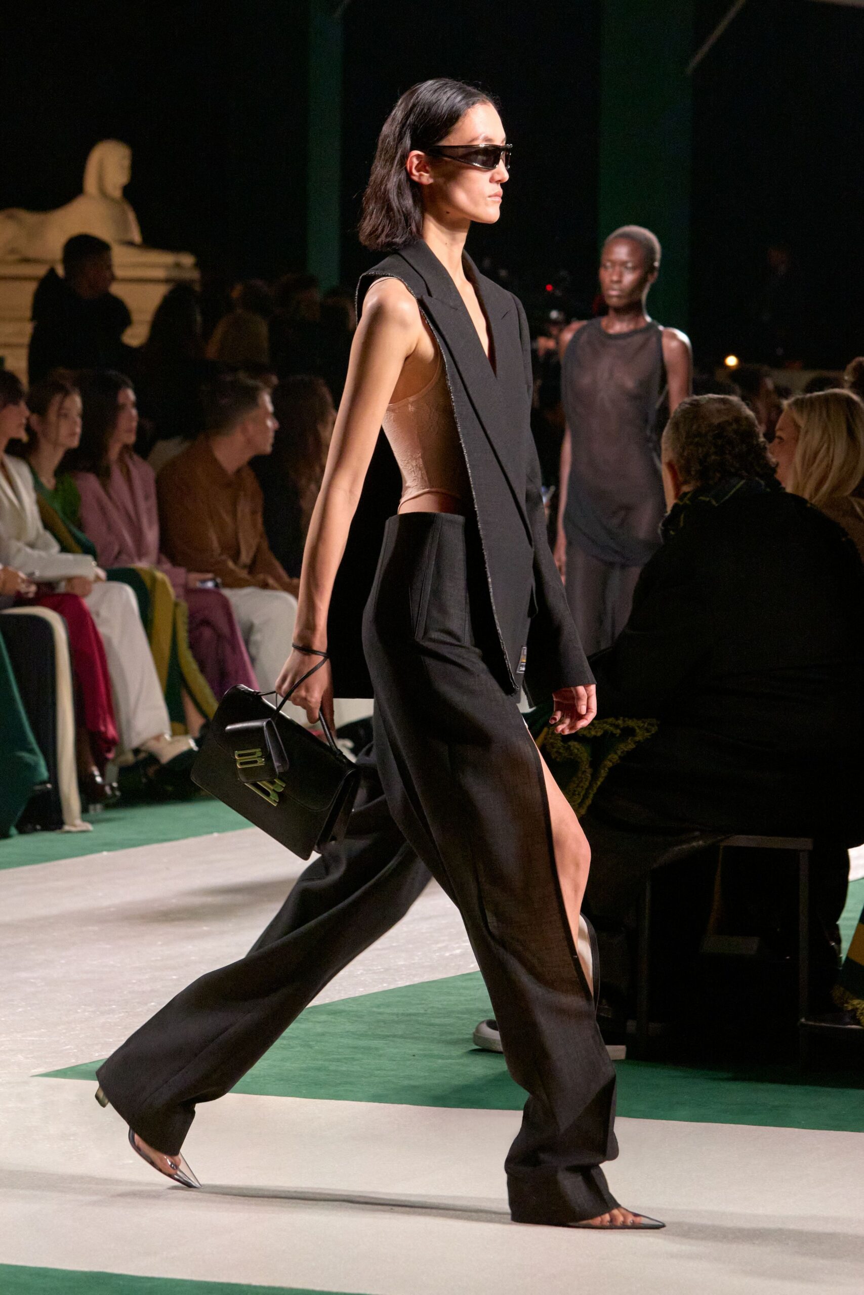 black wool slit fitted high-waisted straight-leg pants