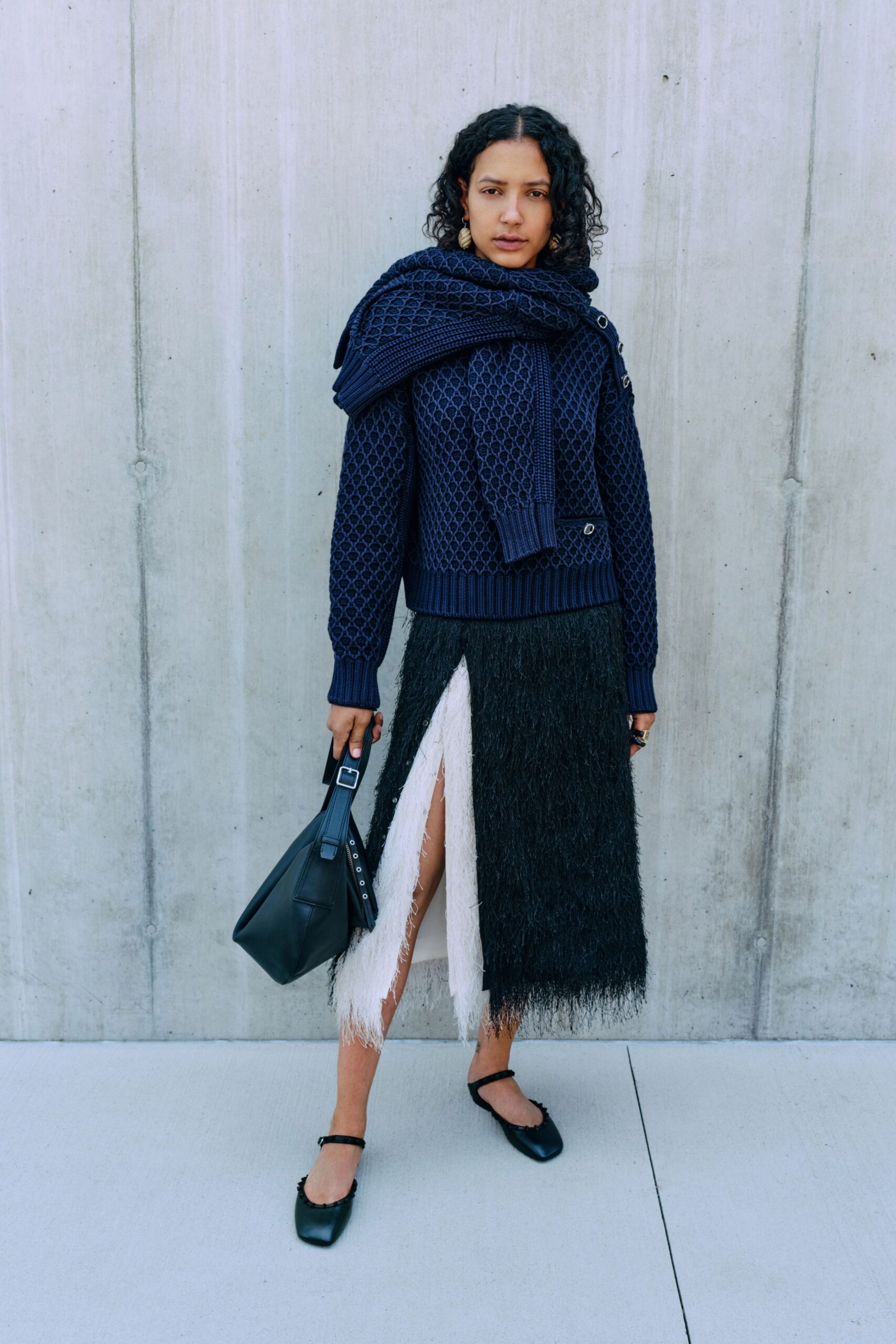 navy knitted sweater black white skirt