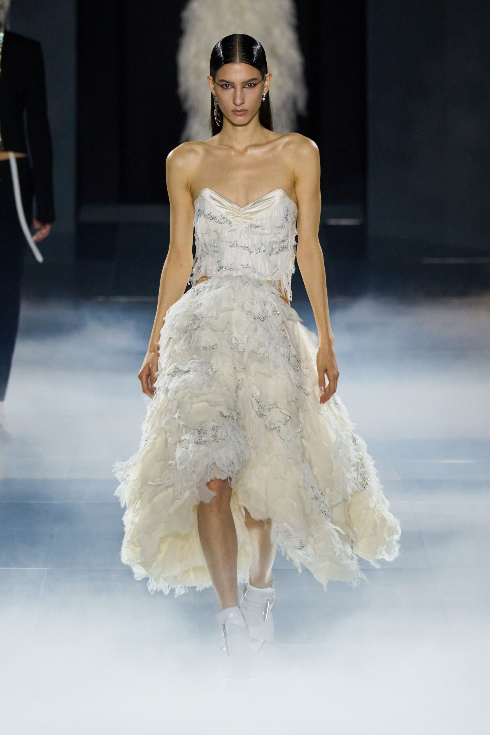 white silk sleeveless v-neck fitted ruffled embroidered gown