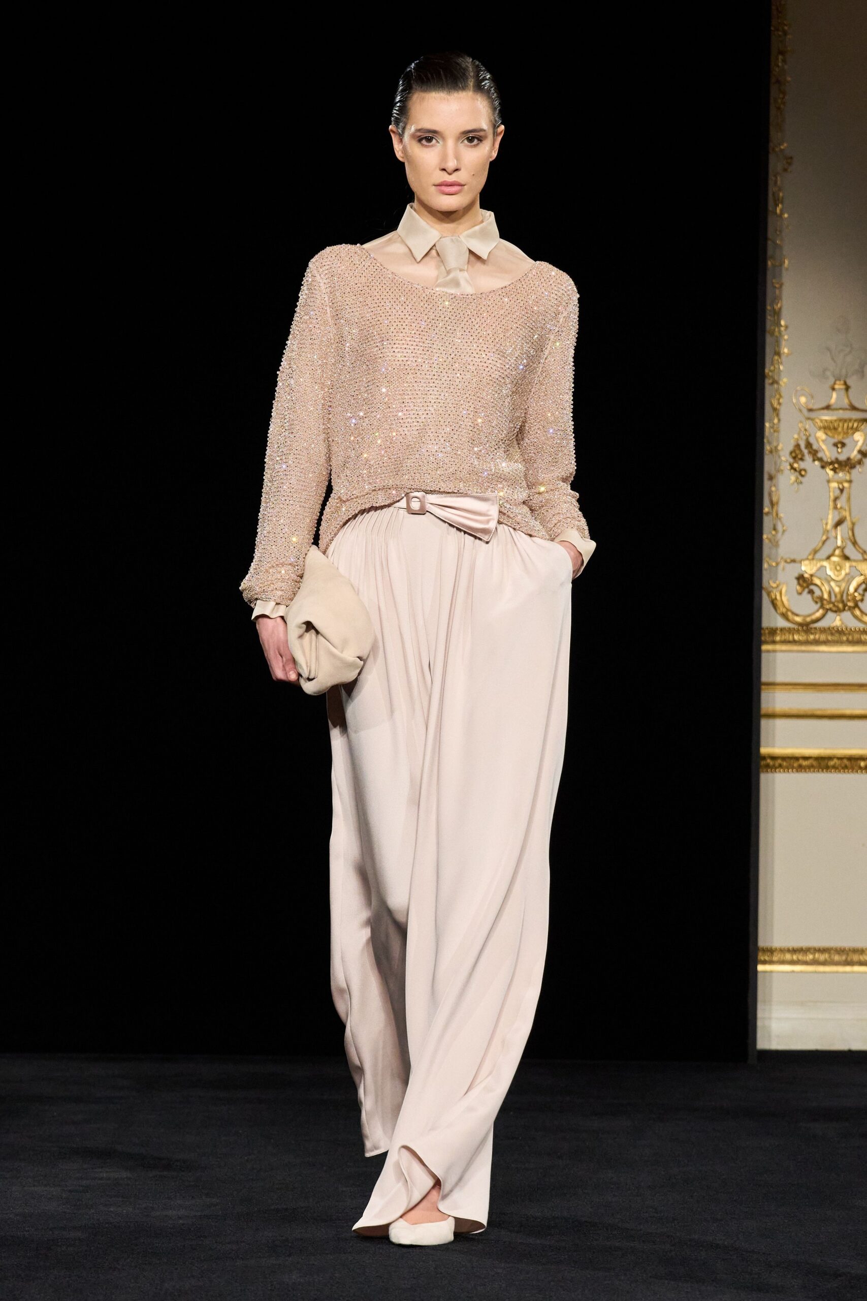 beige silk long-sleeve collared fitted beaded shiny top