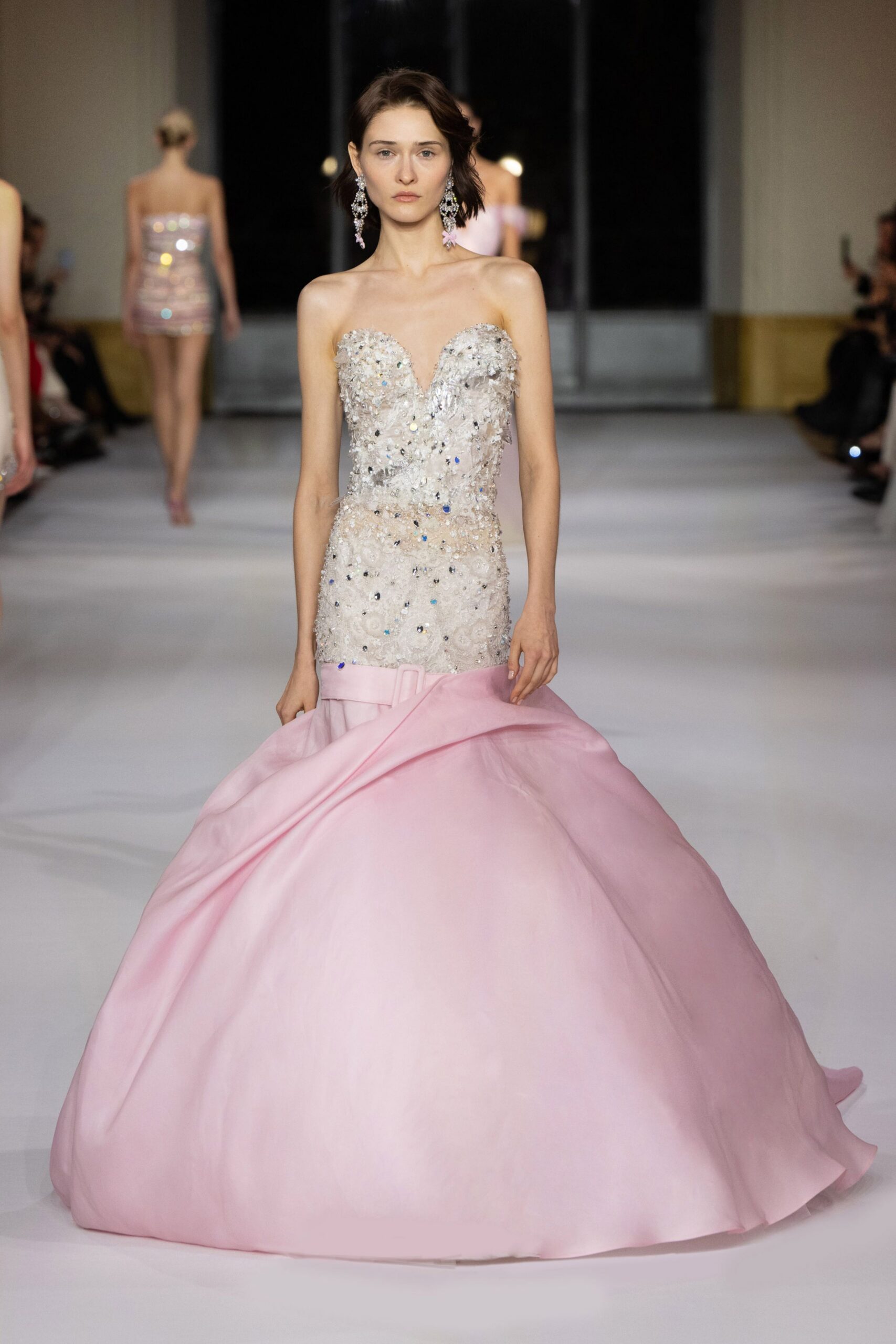 pink strapless embellished gown