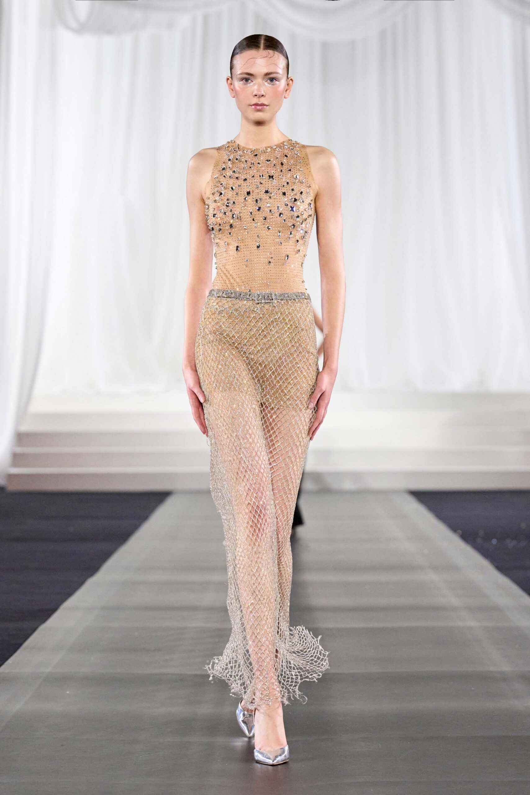 clear mesh sleeveless high-neck fitted beaded gown
