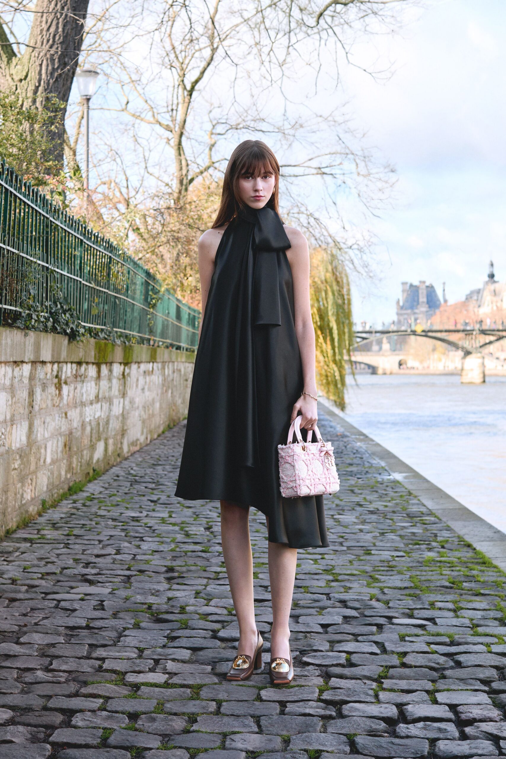 black silk draped midi dress