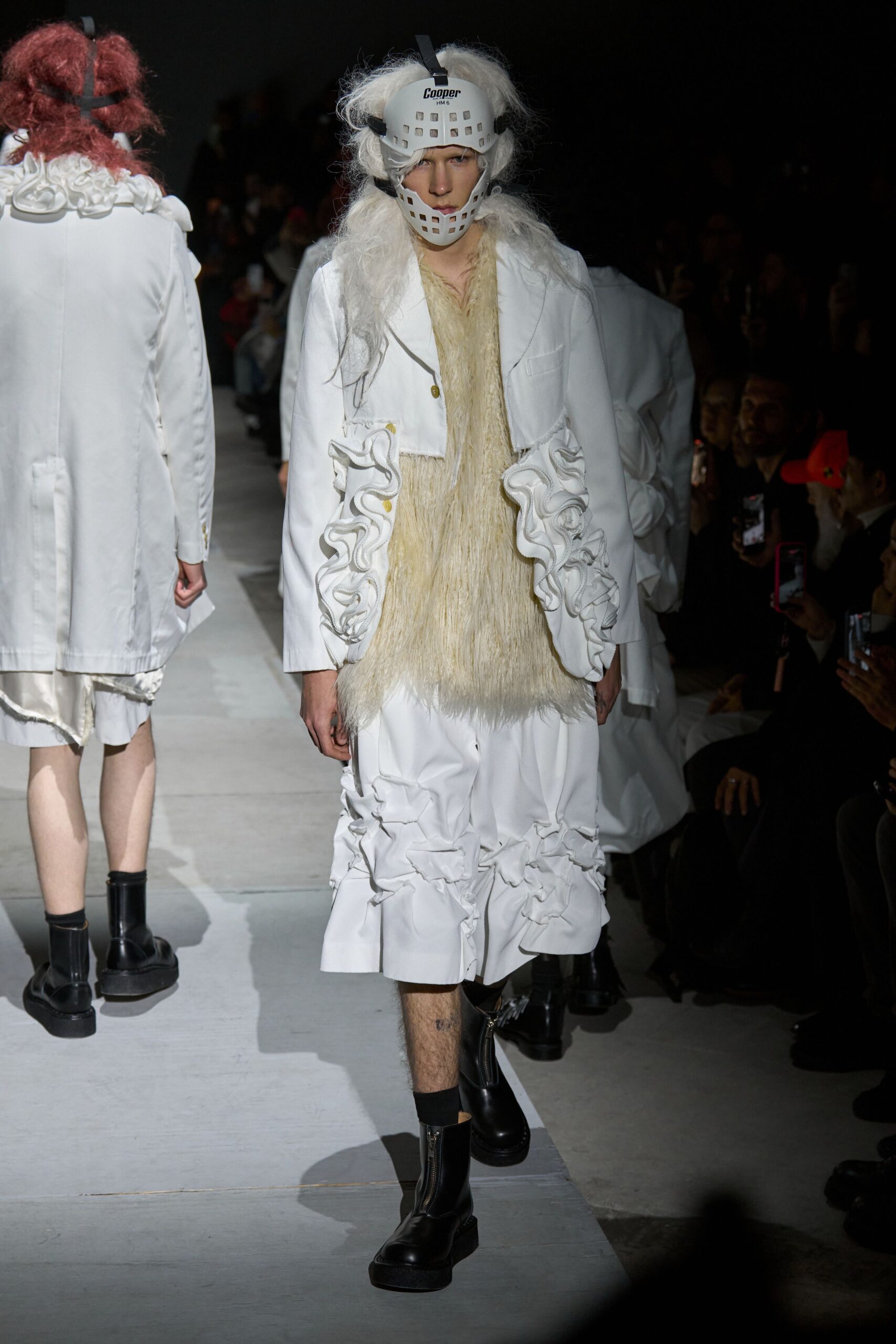 white cotton long-sleeve collared relaxed ruffled coat