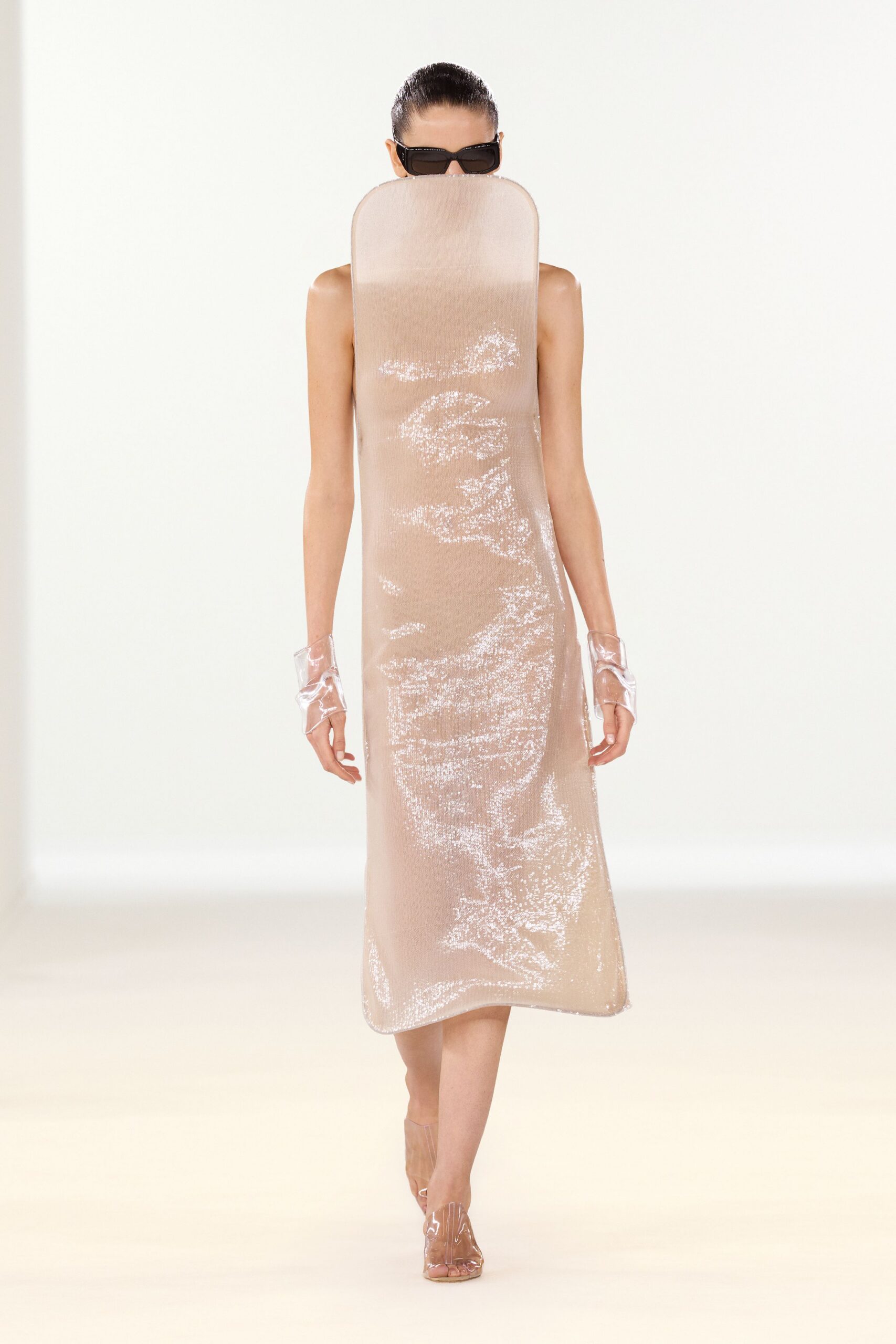 beige silk sleeveless high-neck fitted sequined dress