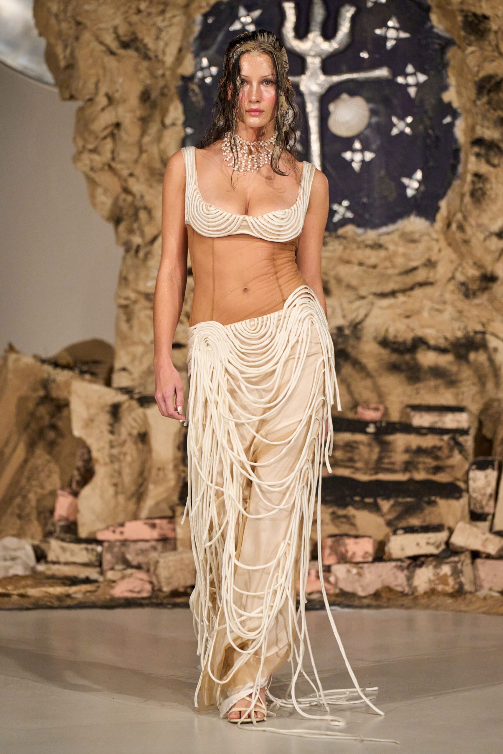 beige silk fringed maxi dress