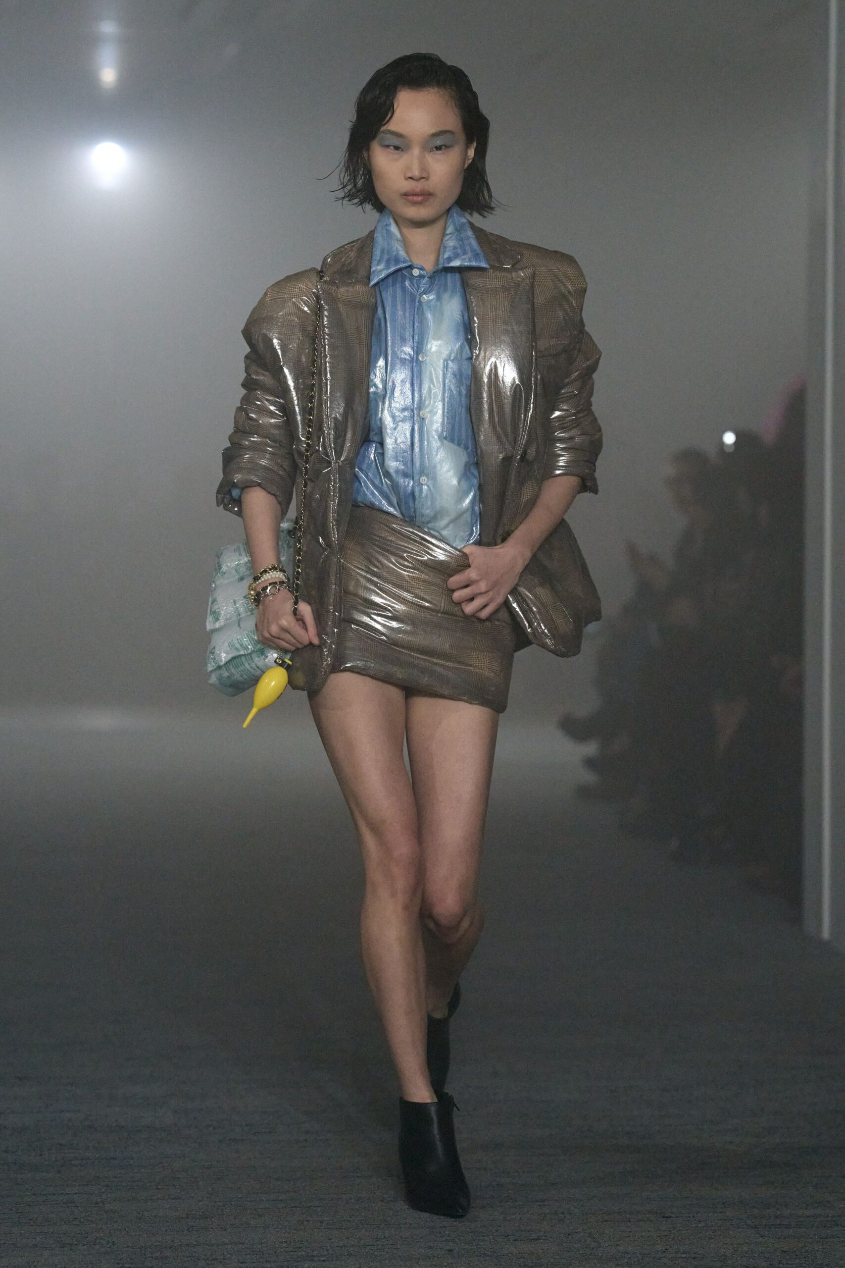 metallic long-sleeve structured zippered shiny jacket