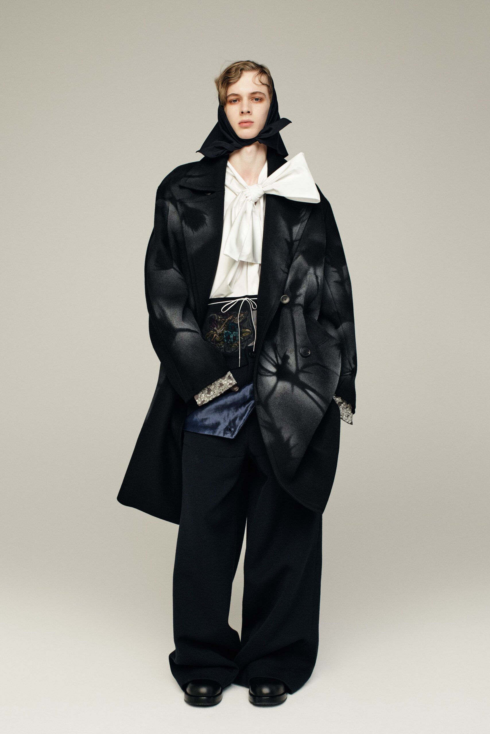 black wool coat white silk blouse