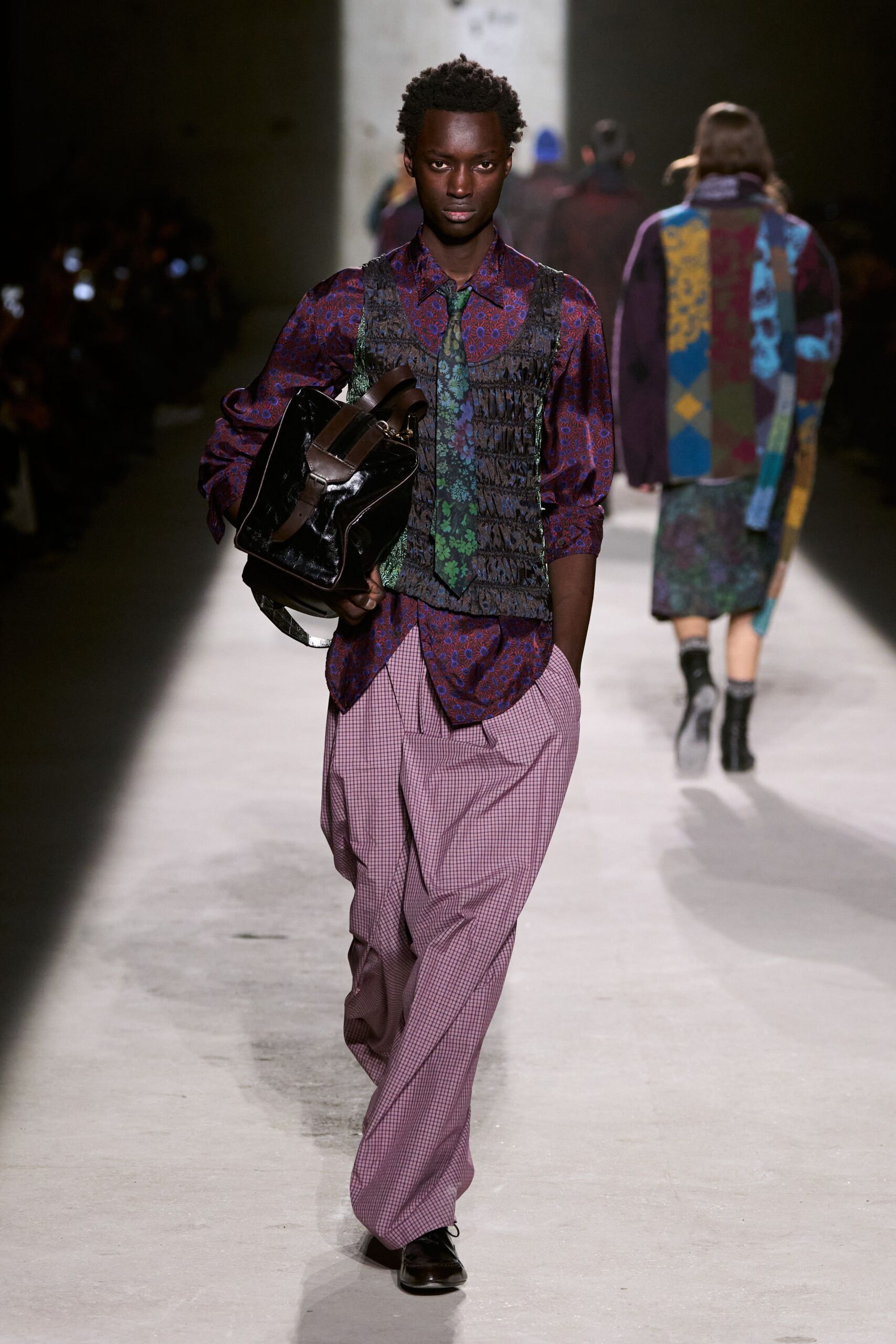 purple printed shirt with relaxed pants