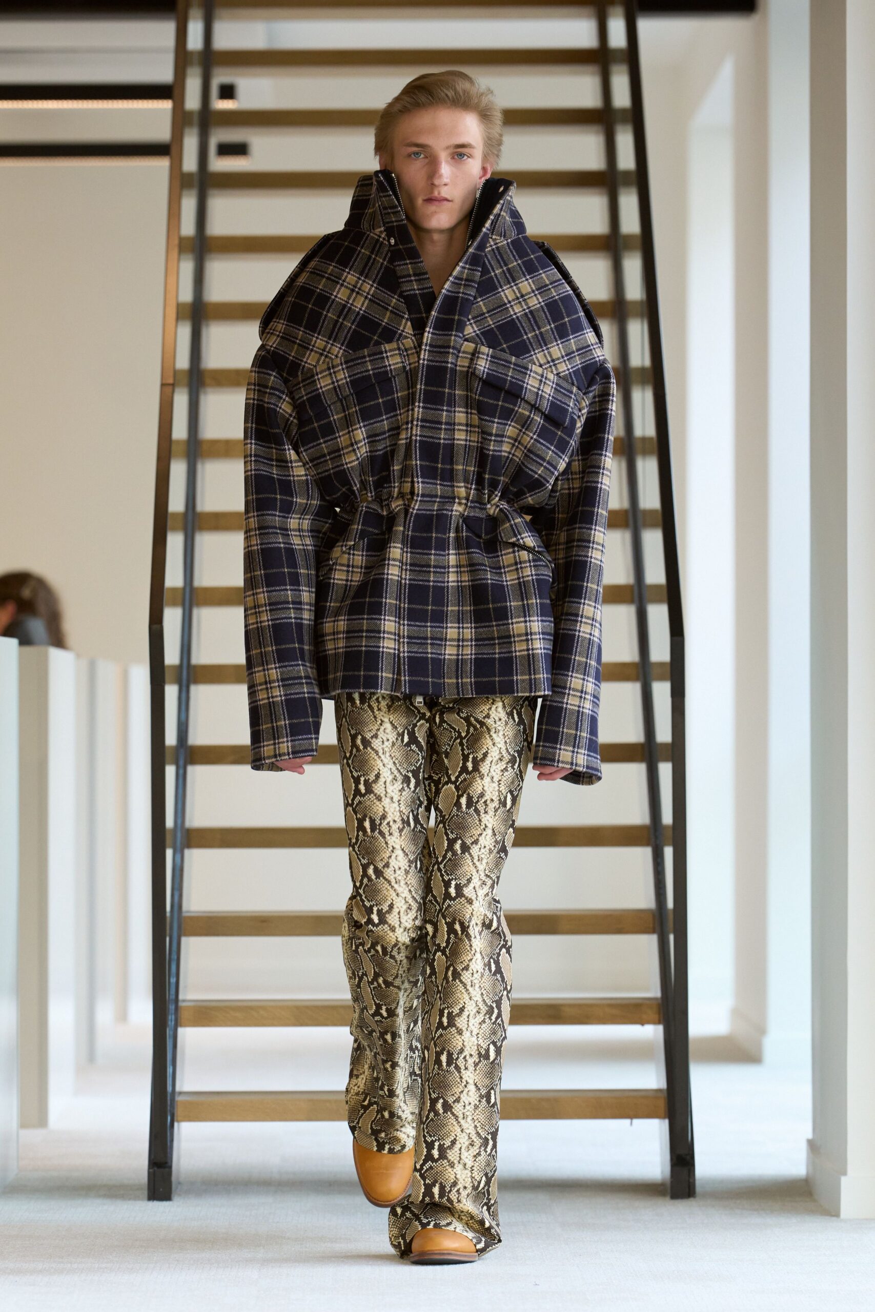 blue cotton long-sleeve collared oversized checked belted jacket