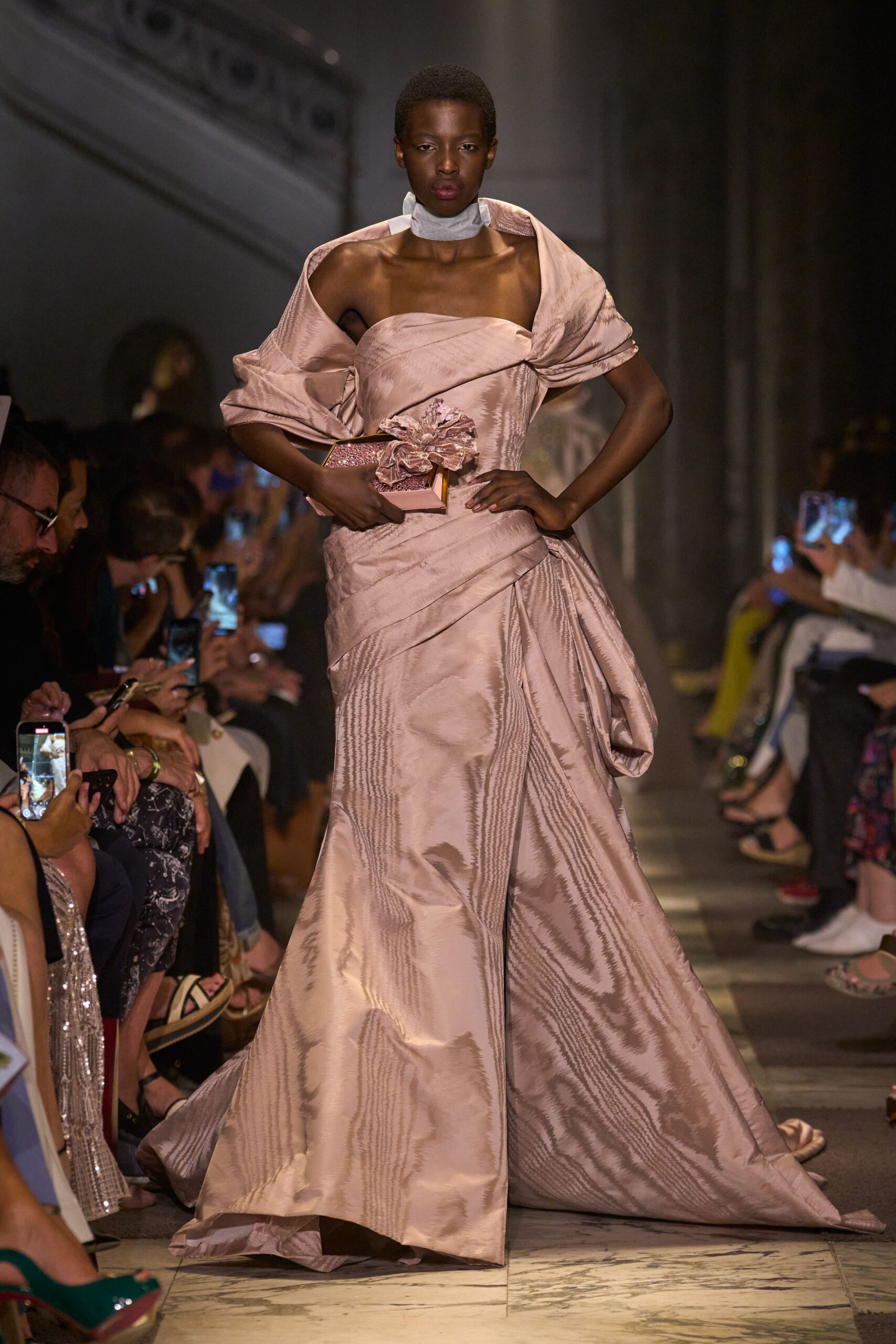 pink silk off-shoulder fitted draped flowing maxi gown