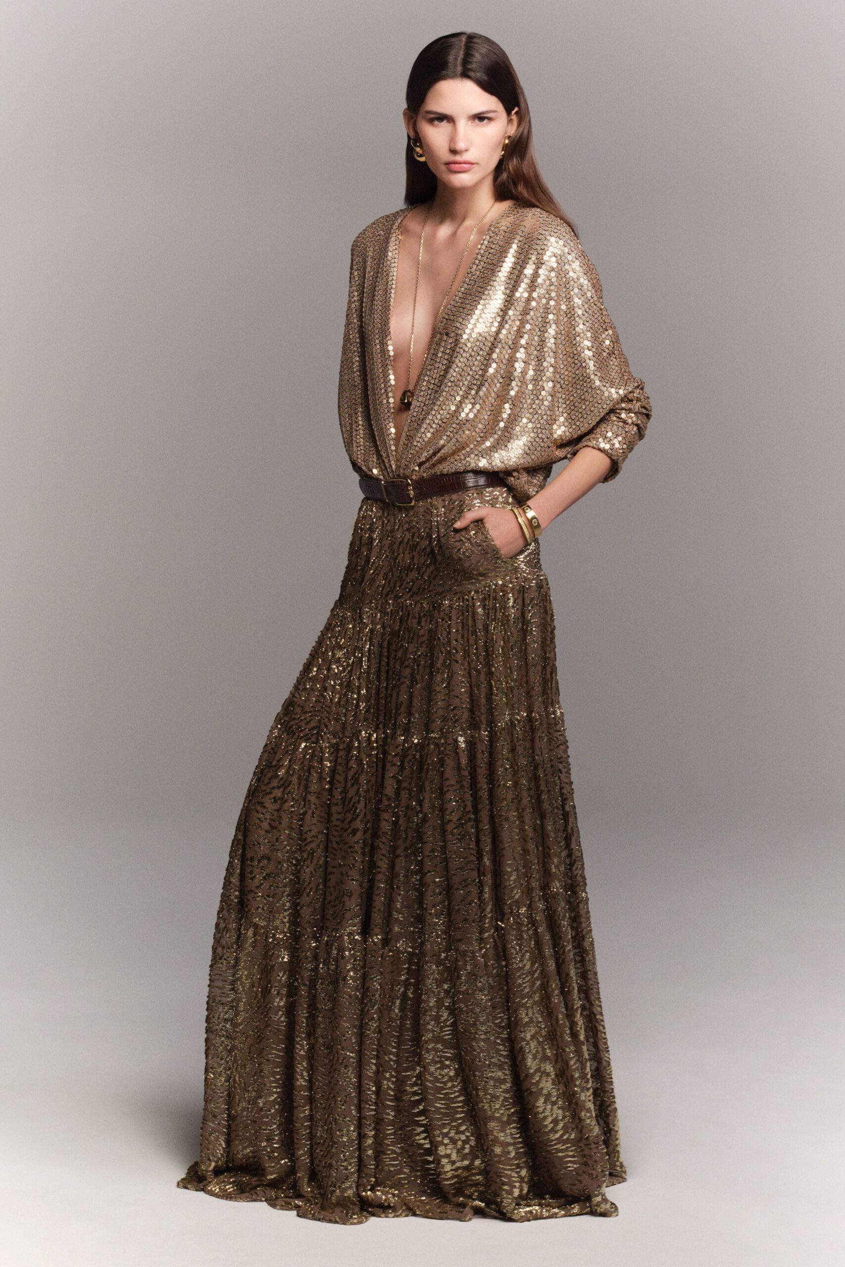 gold silk long-sleeve gown