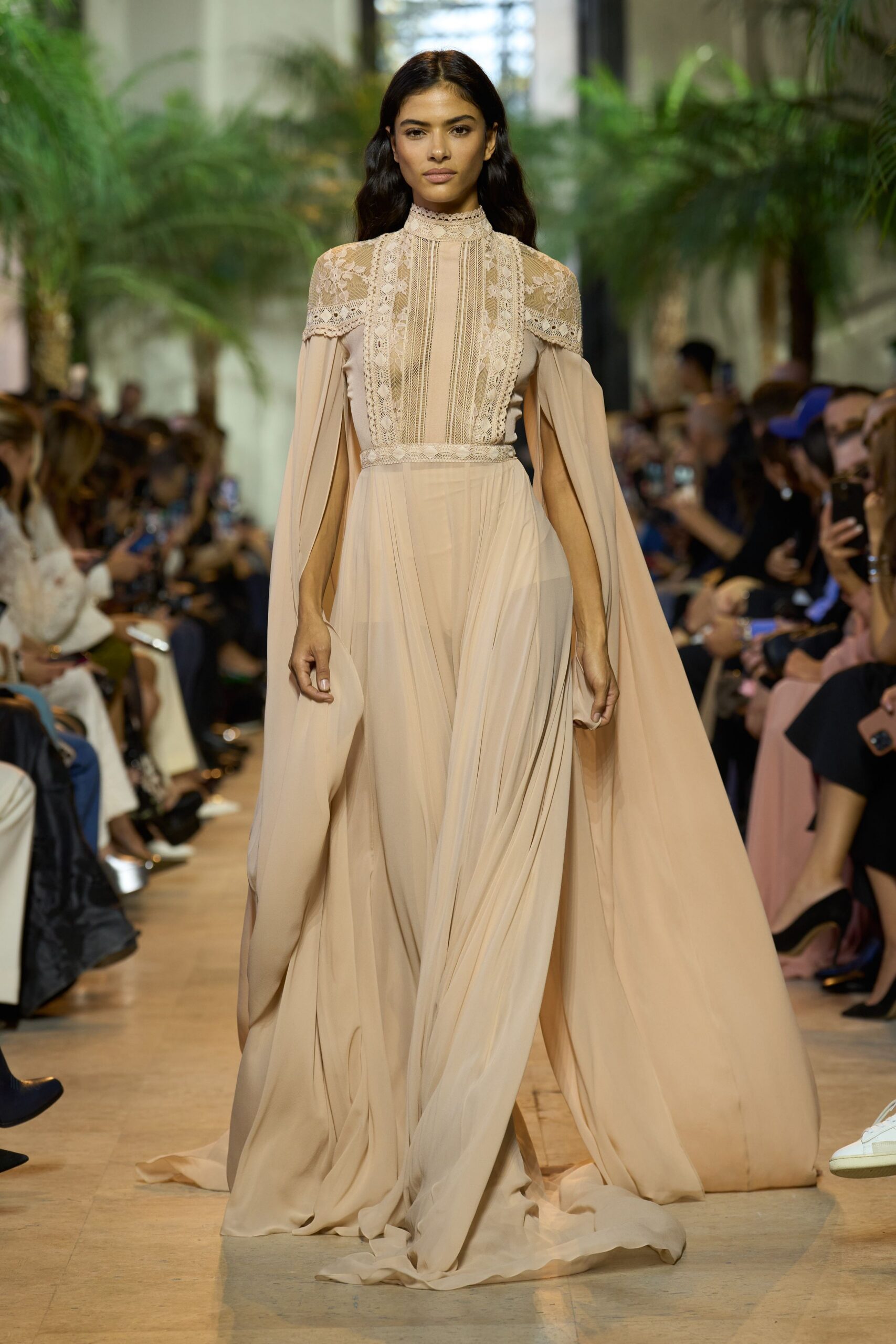 beige silk off-shoulder gown