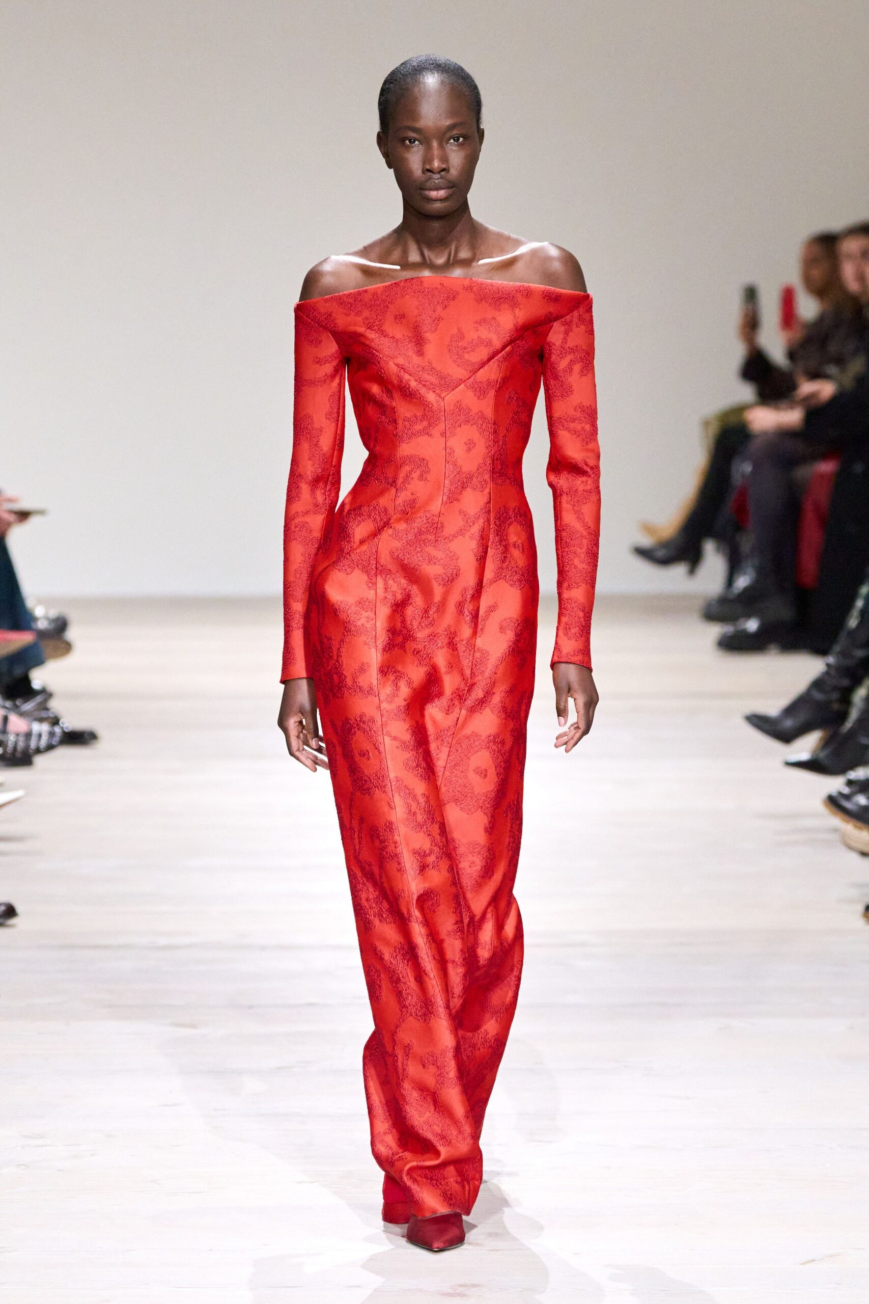 red silk long-sleeve off-shoulder fitted embroidered maxi gown
