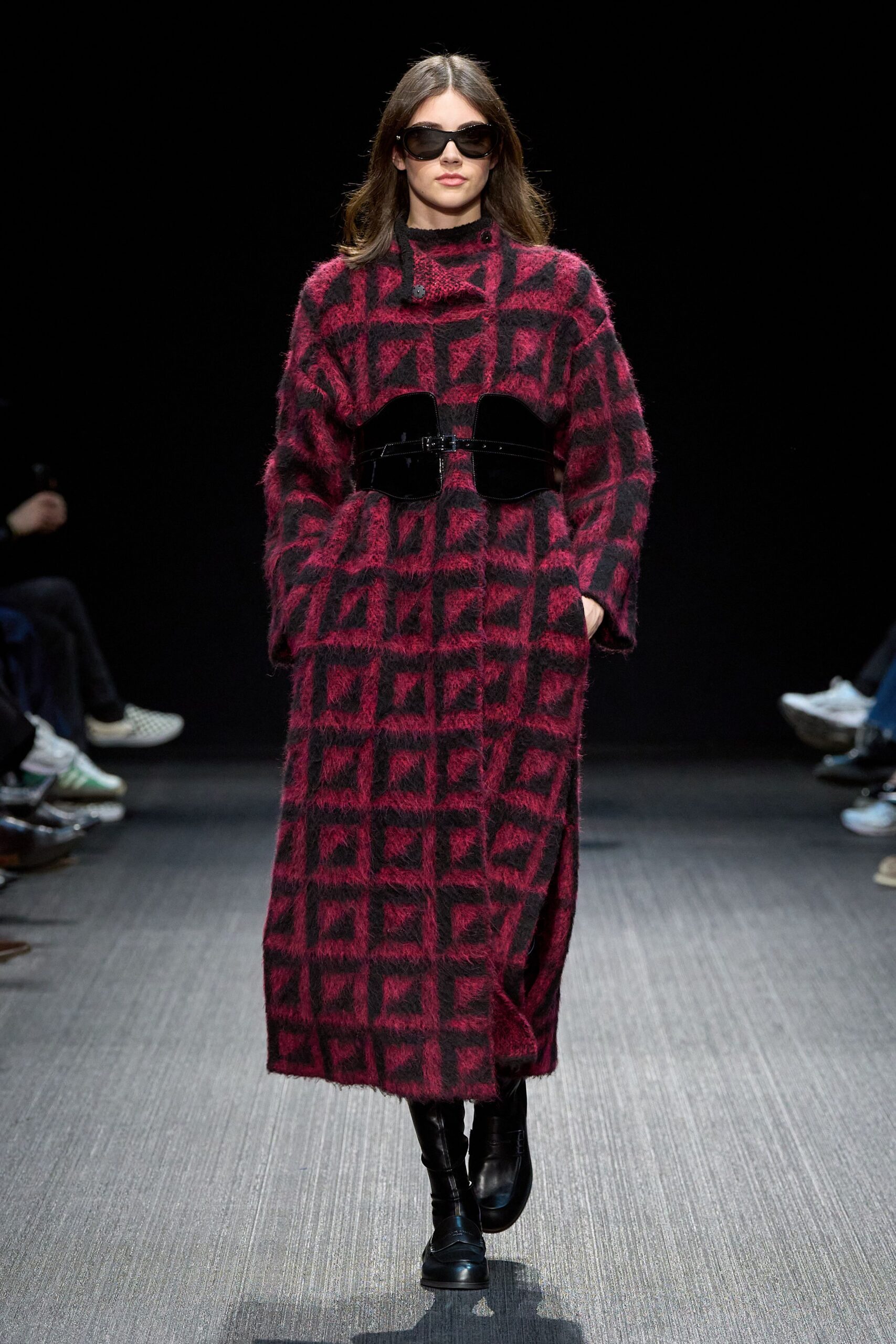 red wool long-sleeve high-neck relaxed checked belted coat