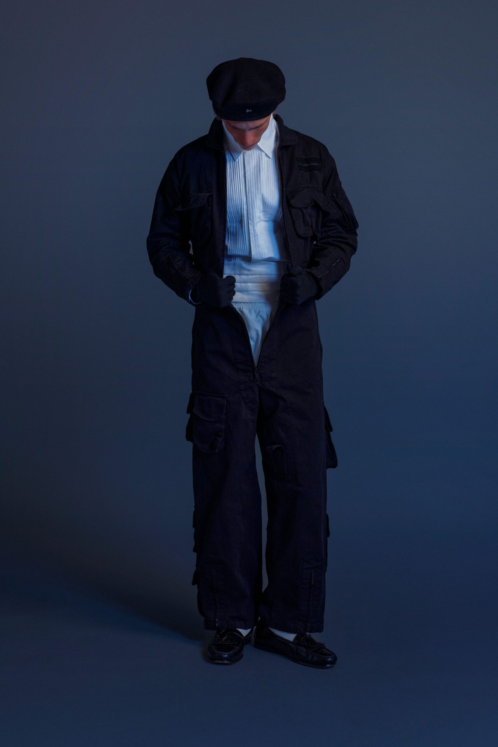 black jacket white shirt cargo pants