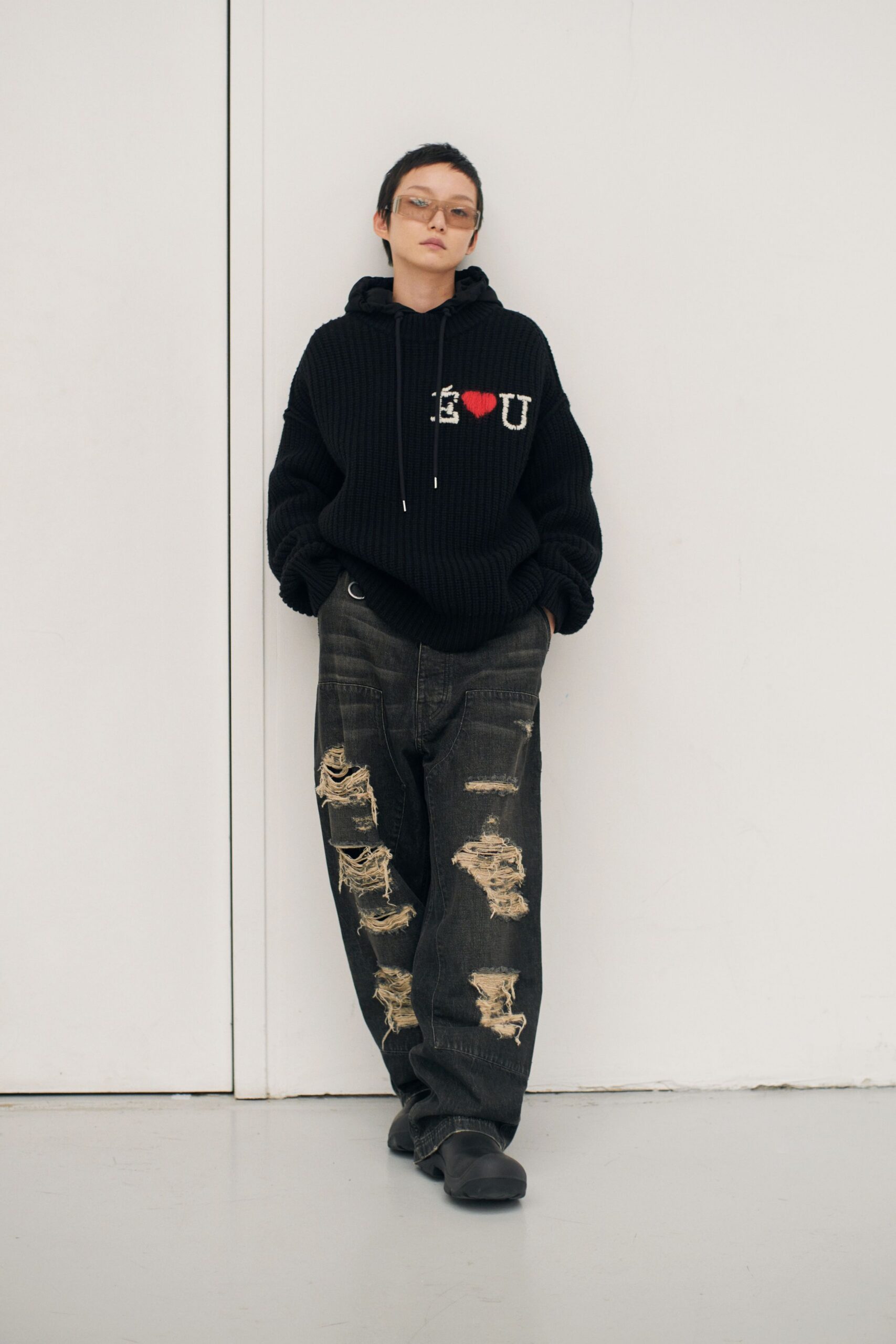 black cotton long-sleeve hooded relaxed embroidered hoodie