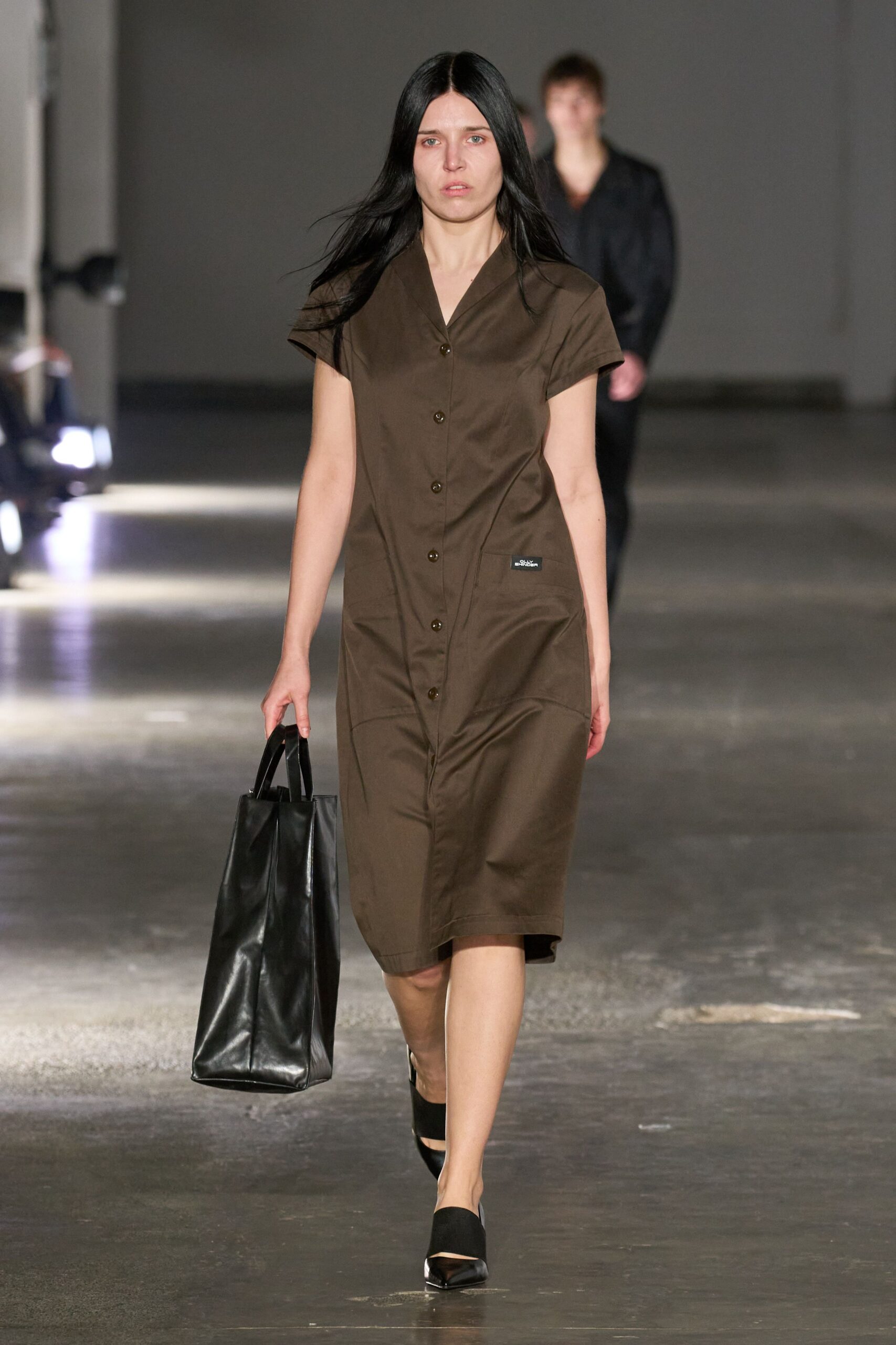brown cotton short-sleeve collared relaxed buttoned midi dress