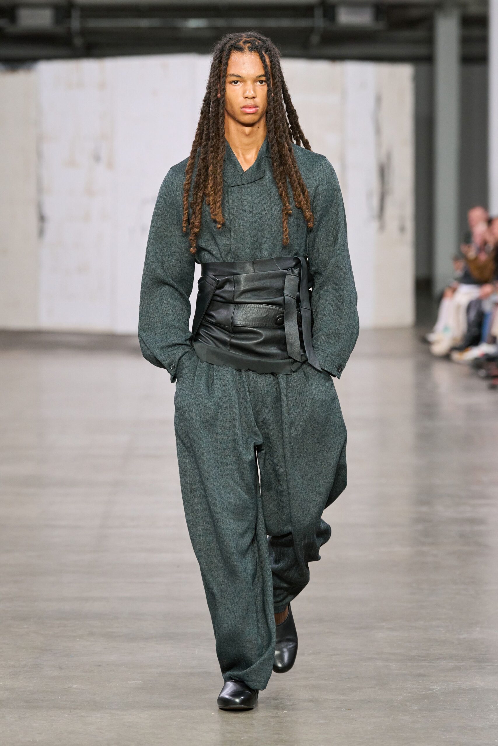 gray cotton long-sleeve collared relaxed wide-leg jumpsuit