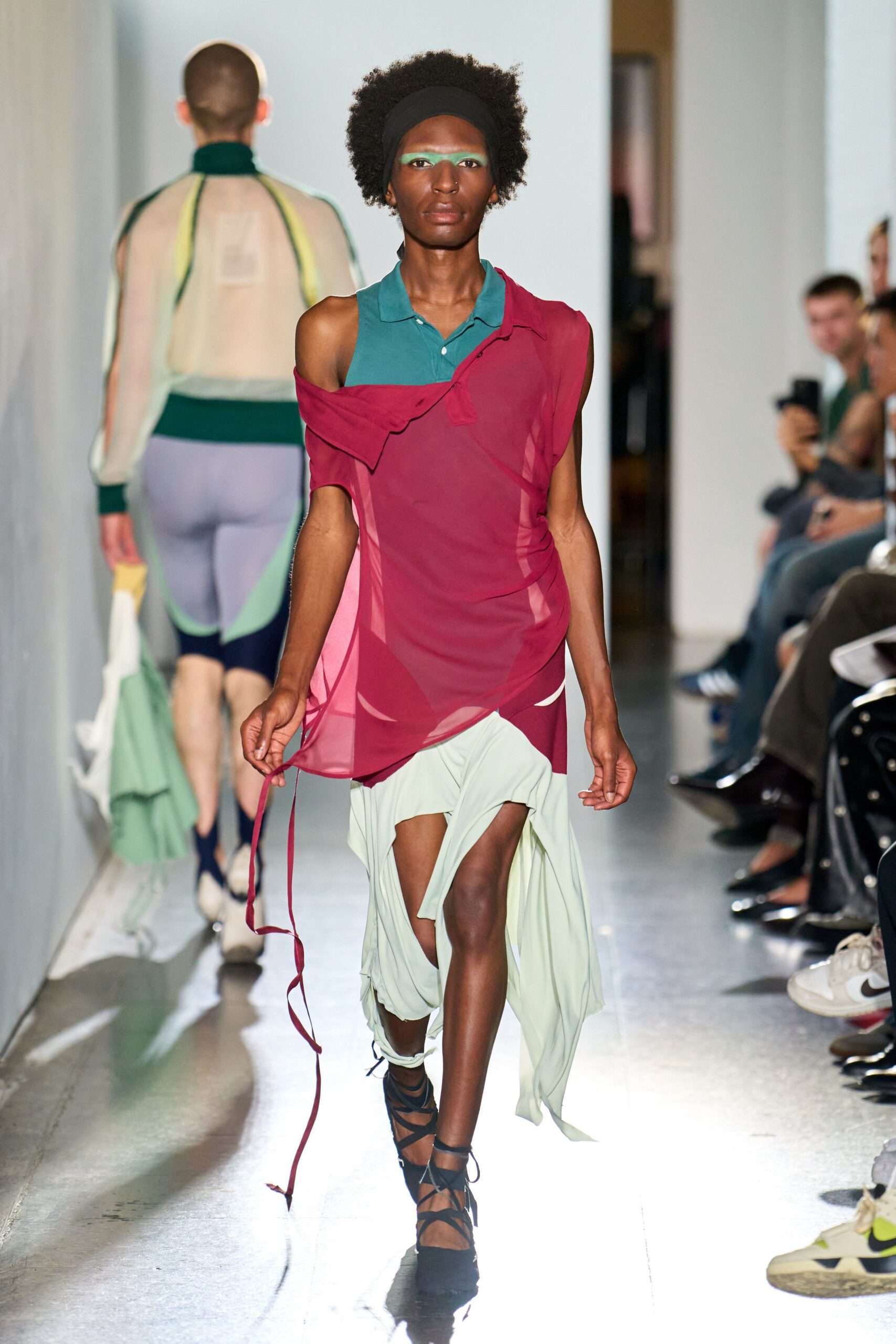 red silk sleeveless off-shoulder fitted draped layered dress
