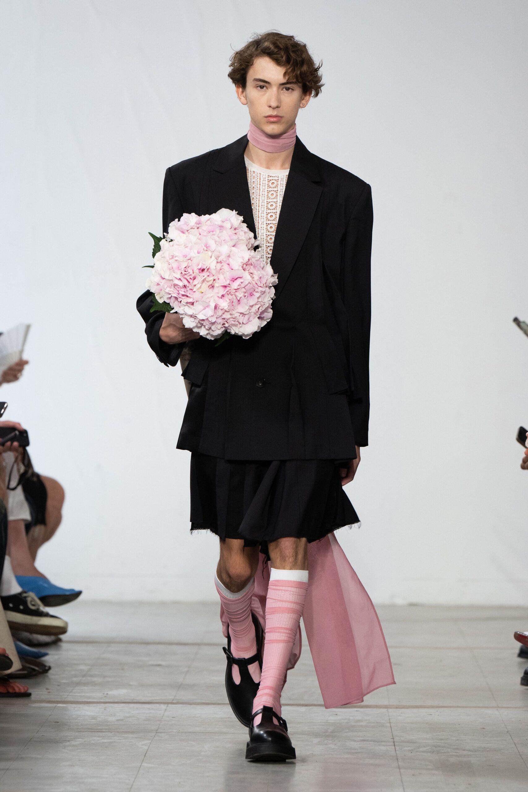 black blazer pink shirt layered skirt
