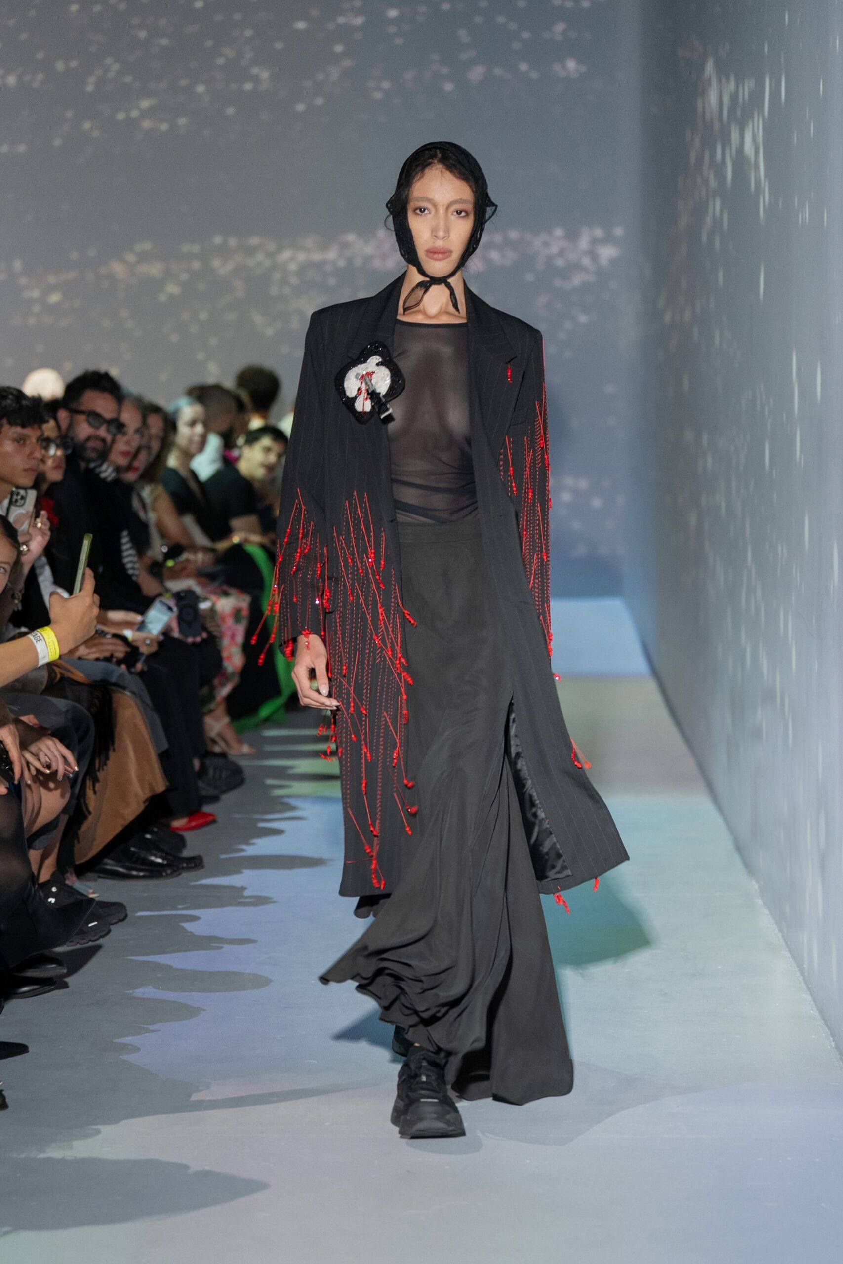 black silk layered dress with fringes