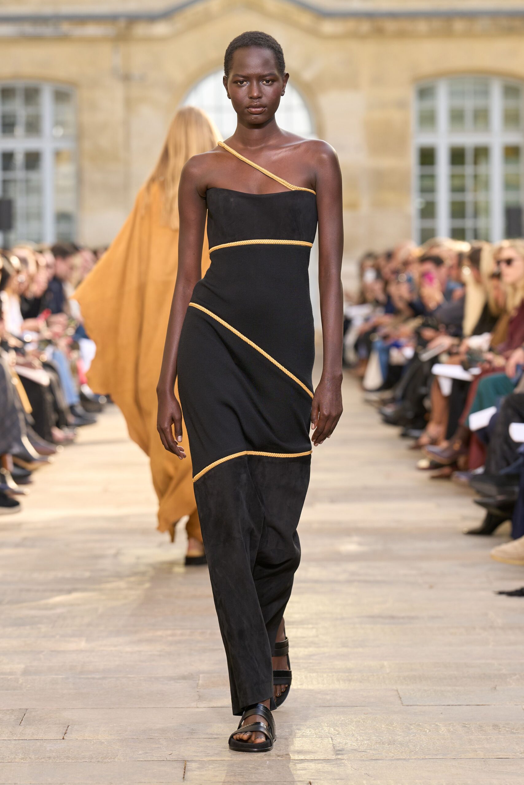 black silk sleeveless v-neck fitted layered maxi gown