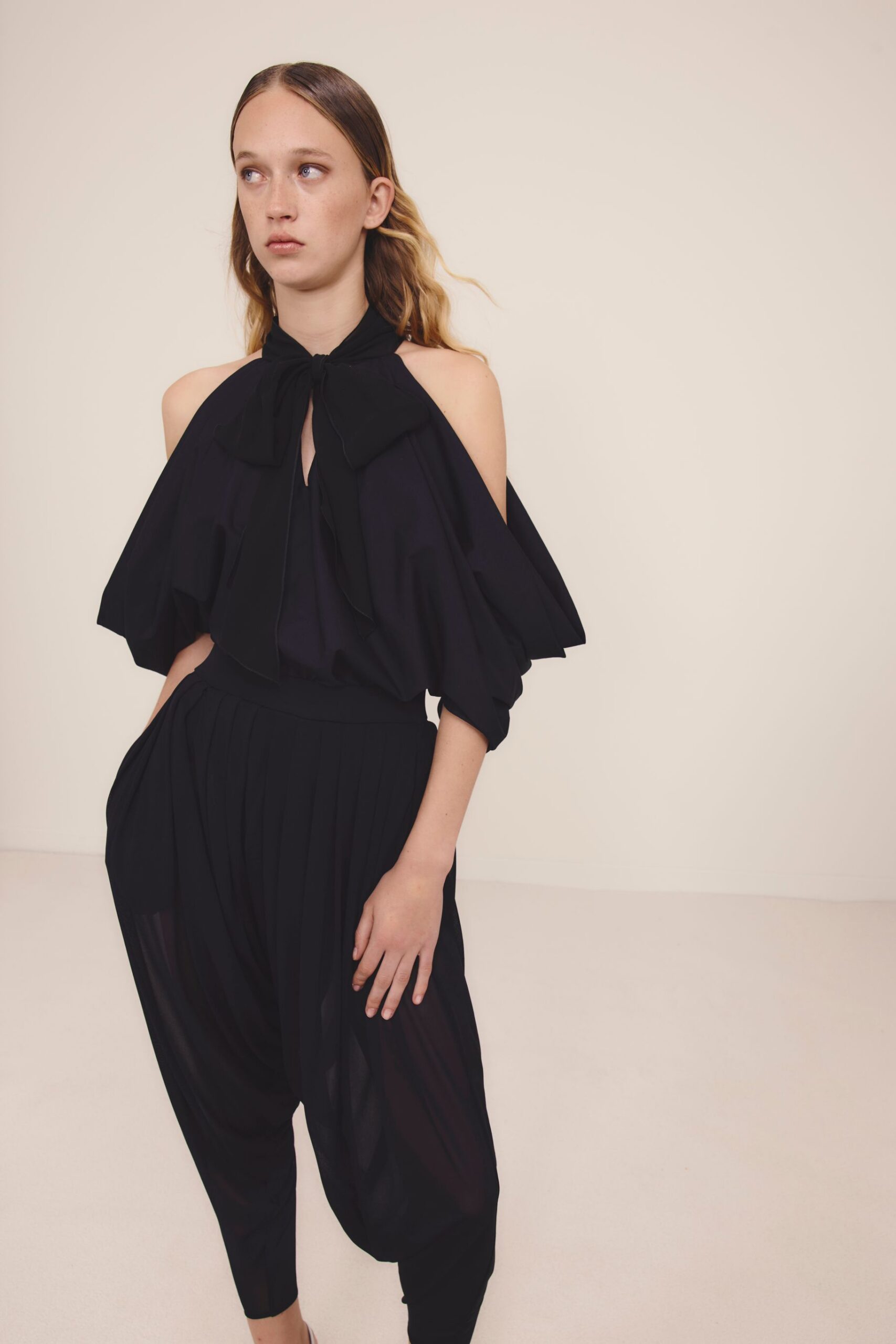 black silk off-shoulder jumpsuit