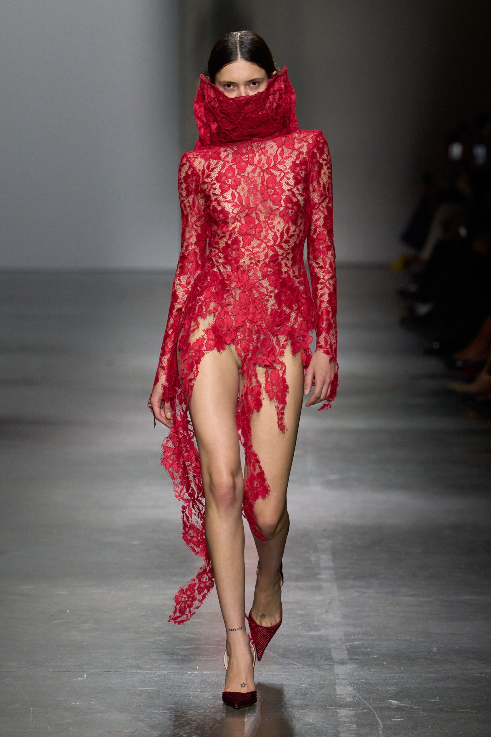red lace long-sleeve high-neck fitted fringed sheer dress
