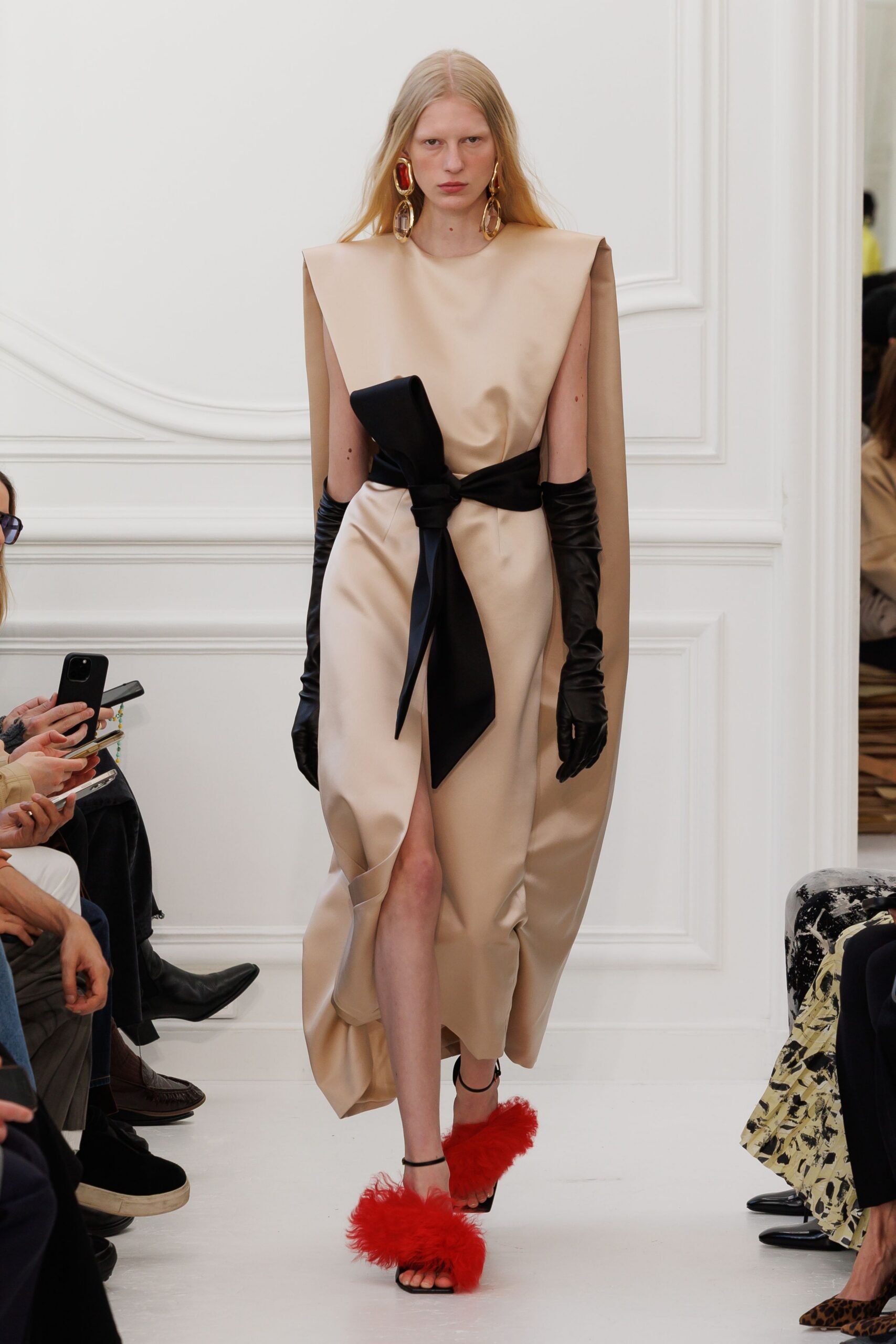 beige silk sleeveless v-neck fitted draped maxi gown