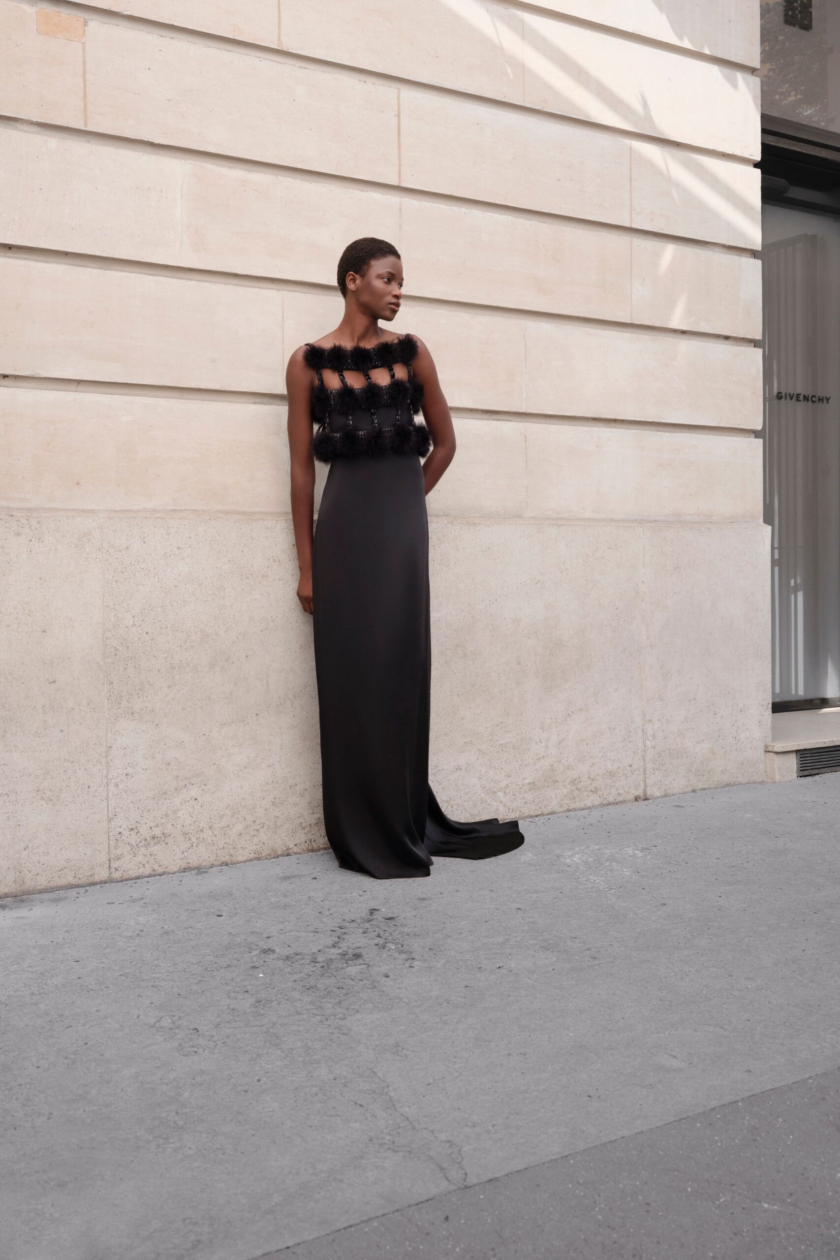 black silk sleeveless gown