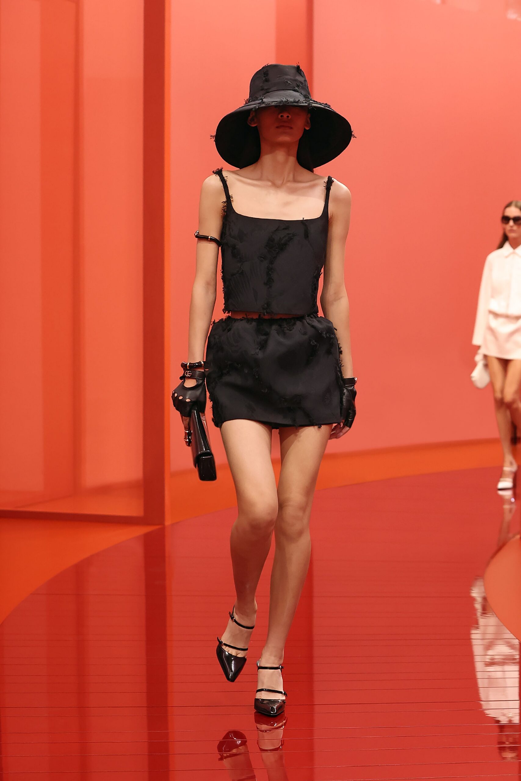 black silk sleeveless square-neck fitted ruffled mini mini-dress