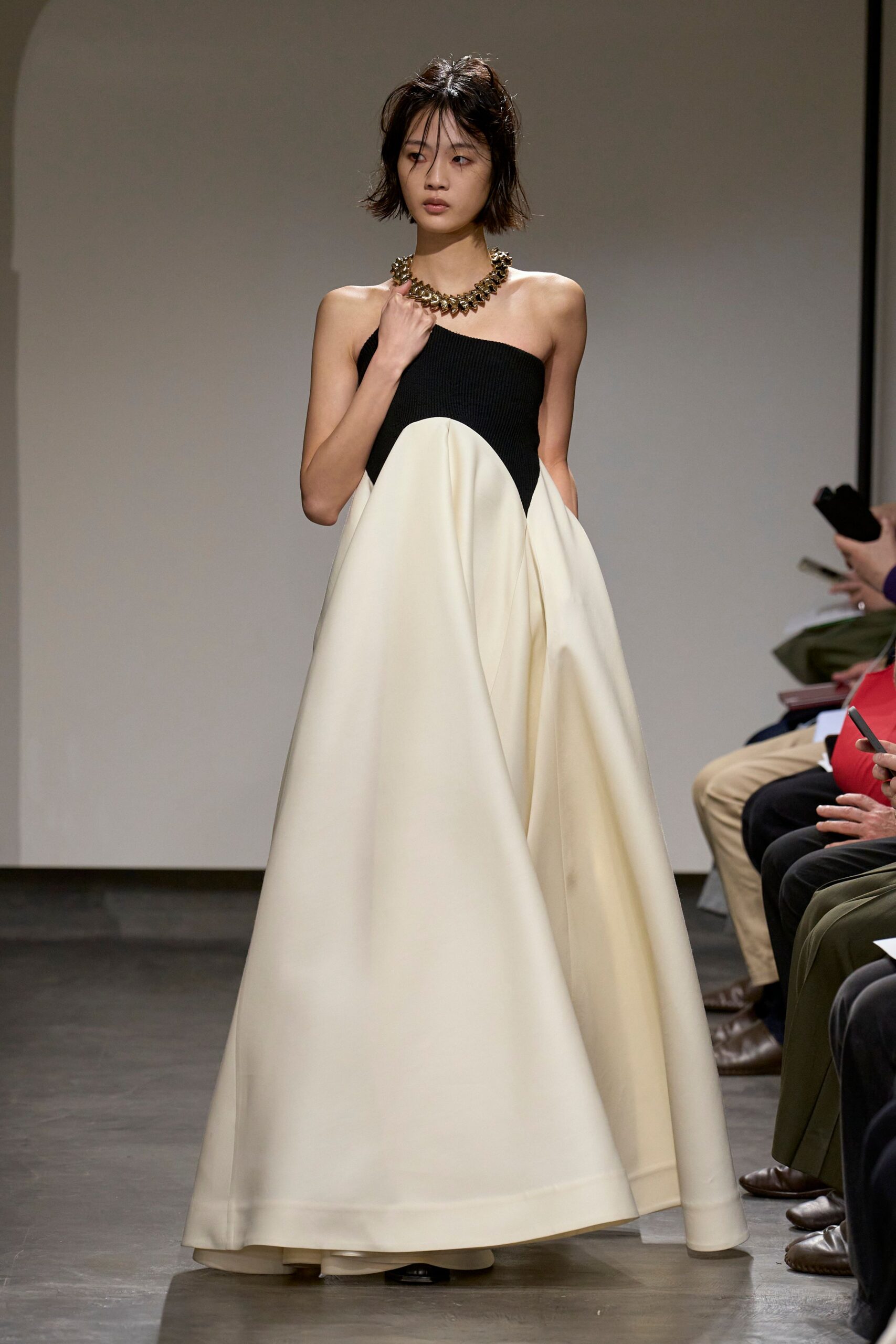 black and white strapless gown