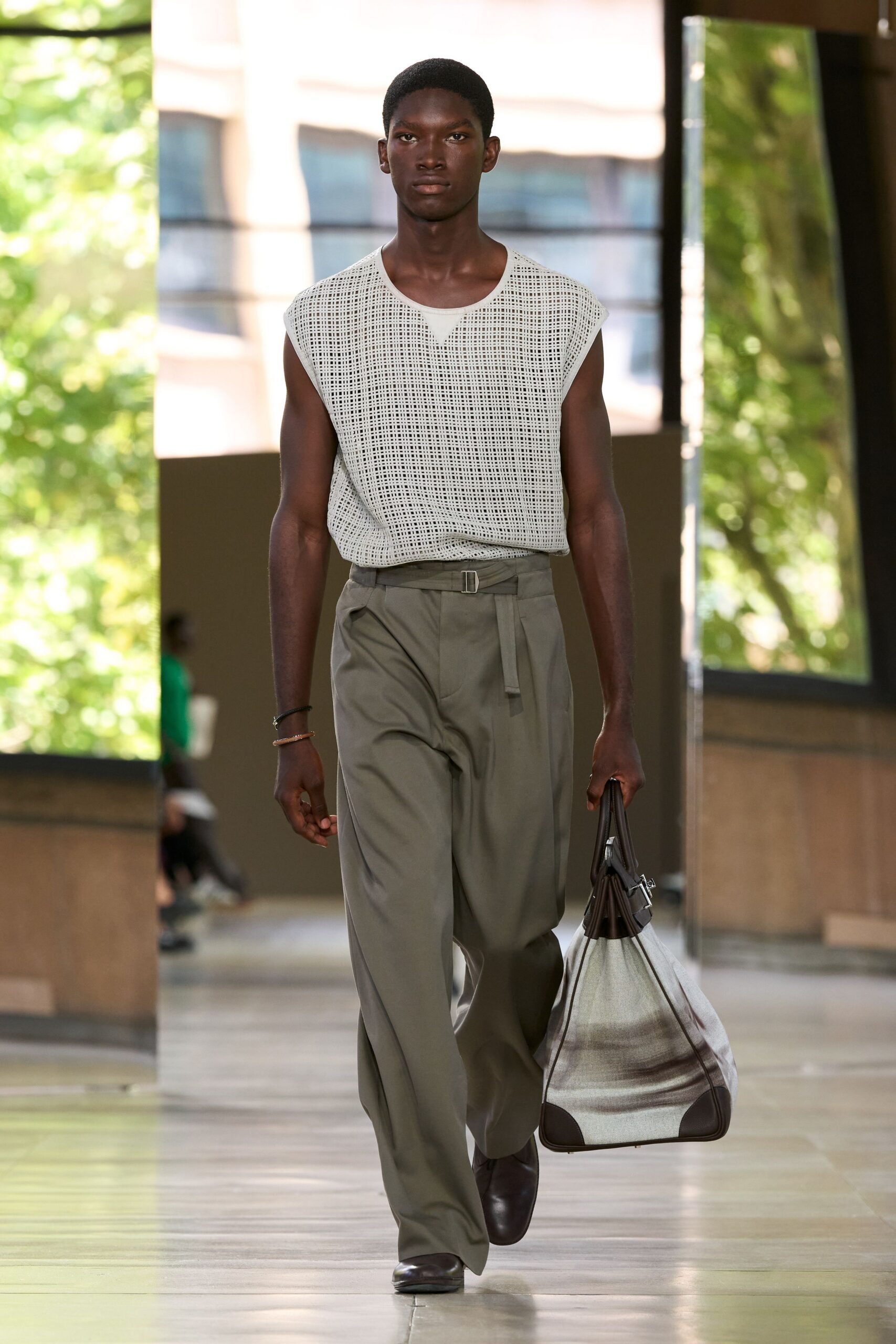 relaxed white checked shirt with green pants