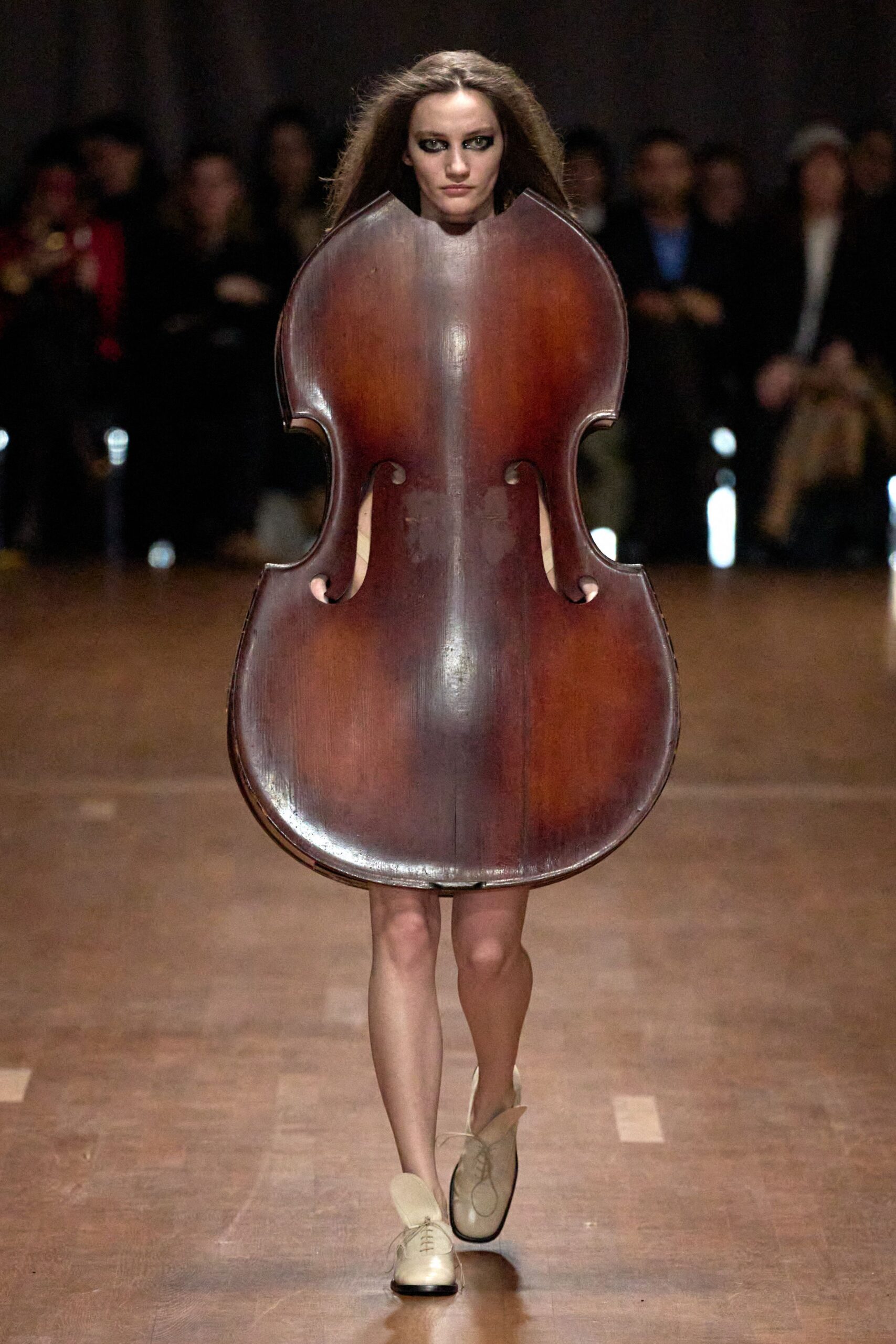 brown wooden dress with beige shoes