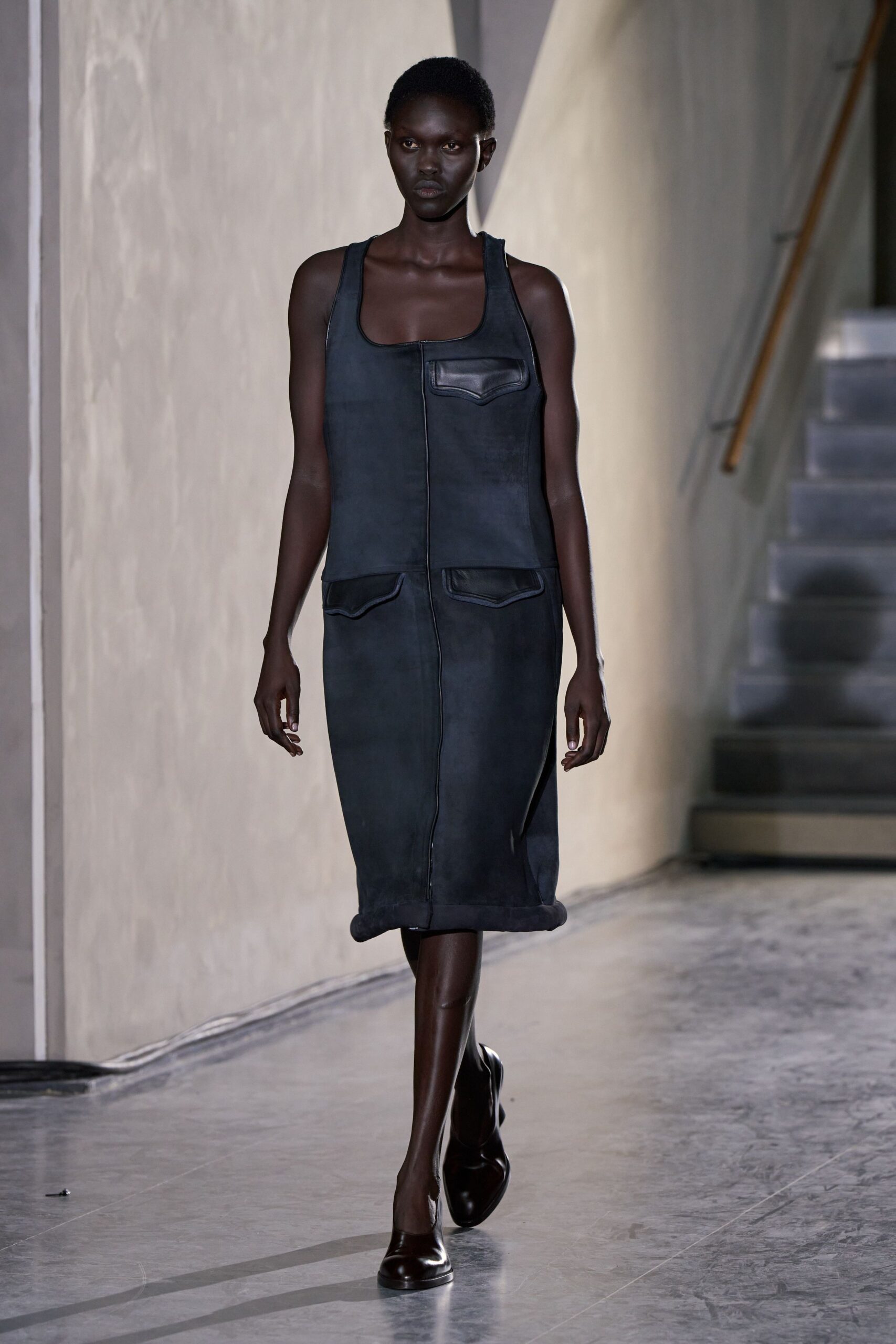 black denim sleeveless midi dress