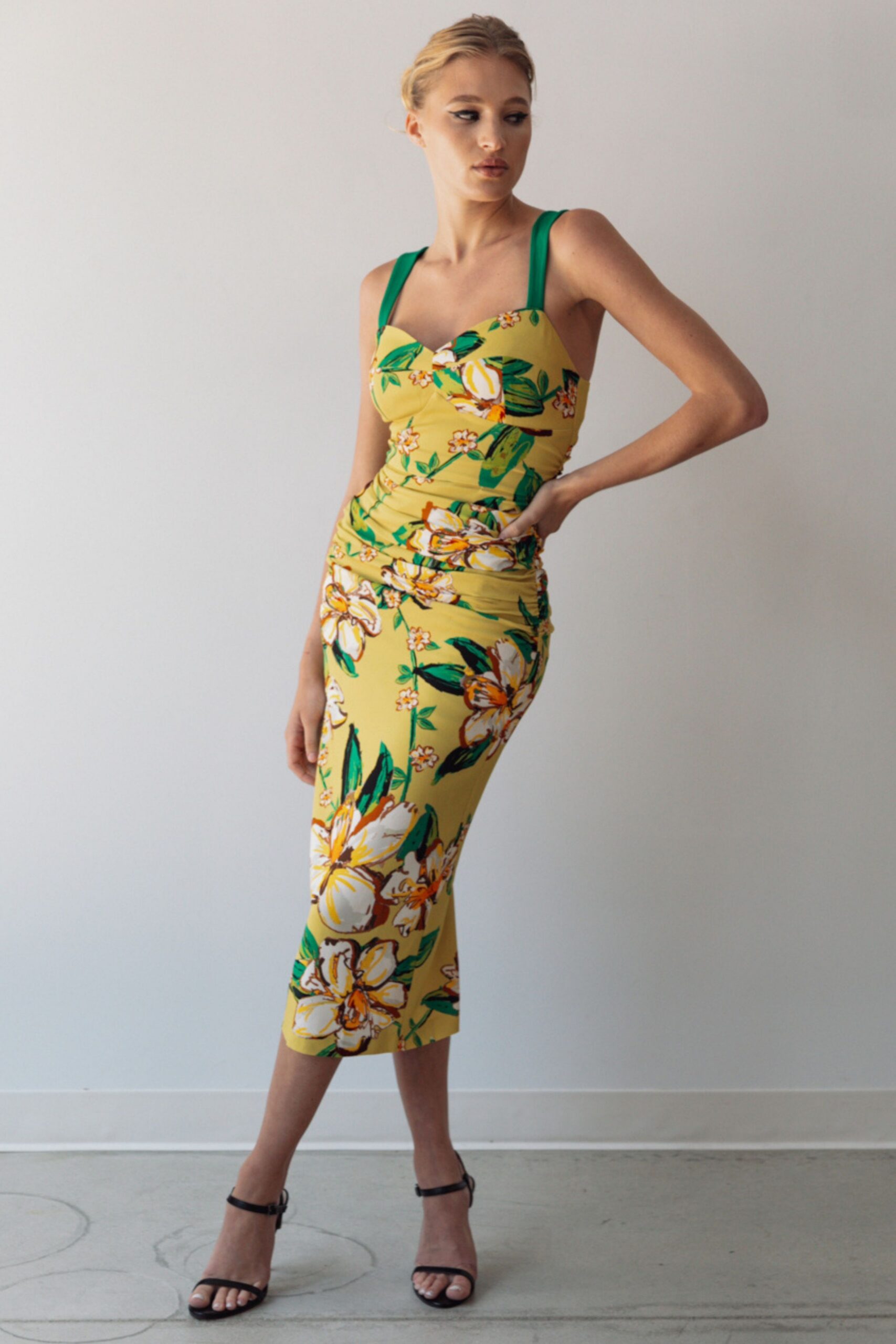 yellow cotton sleeveless v-neck fitted floral ruched dress