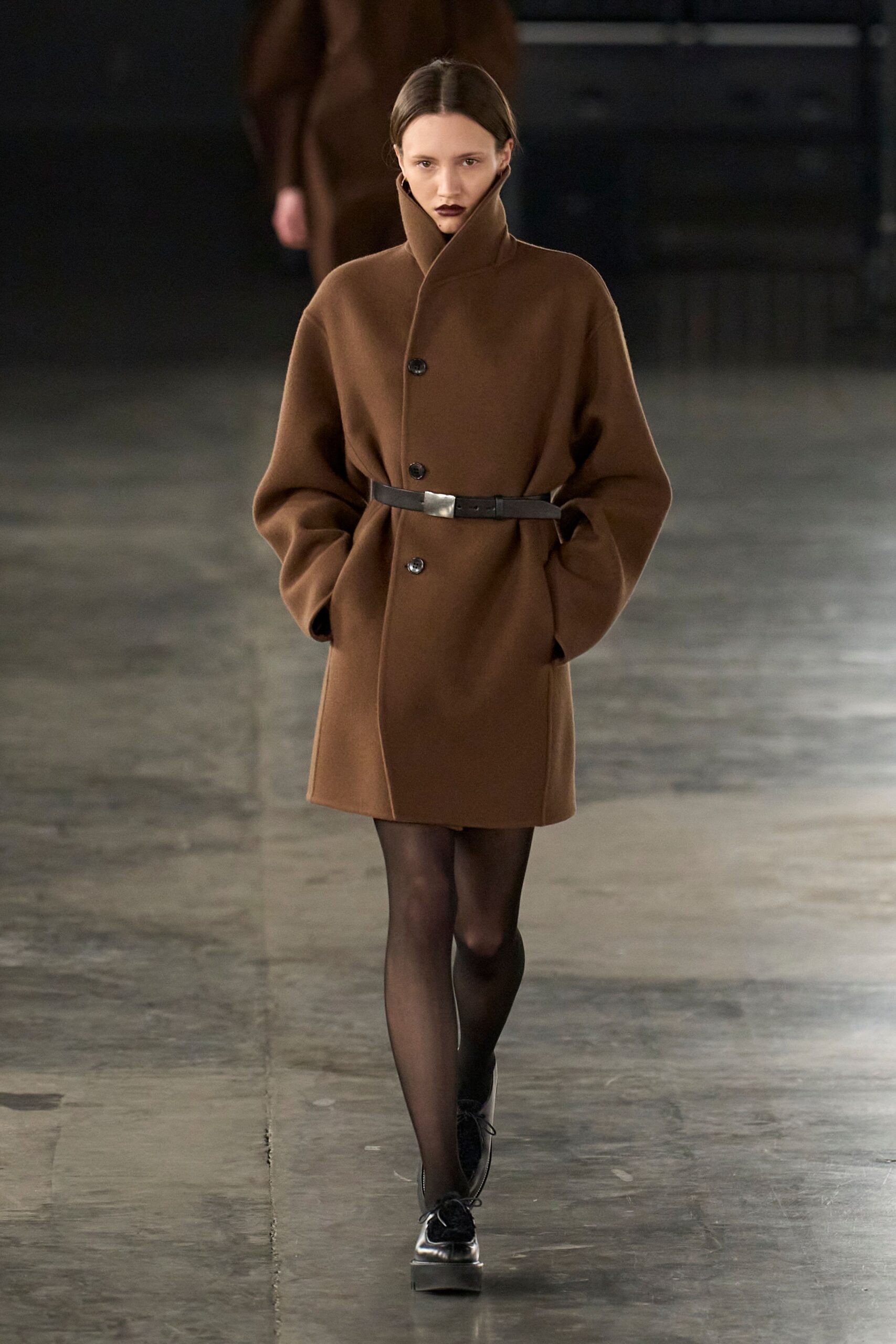 brown wool long-sleeve collared relaxed buttoned belted coat