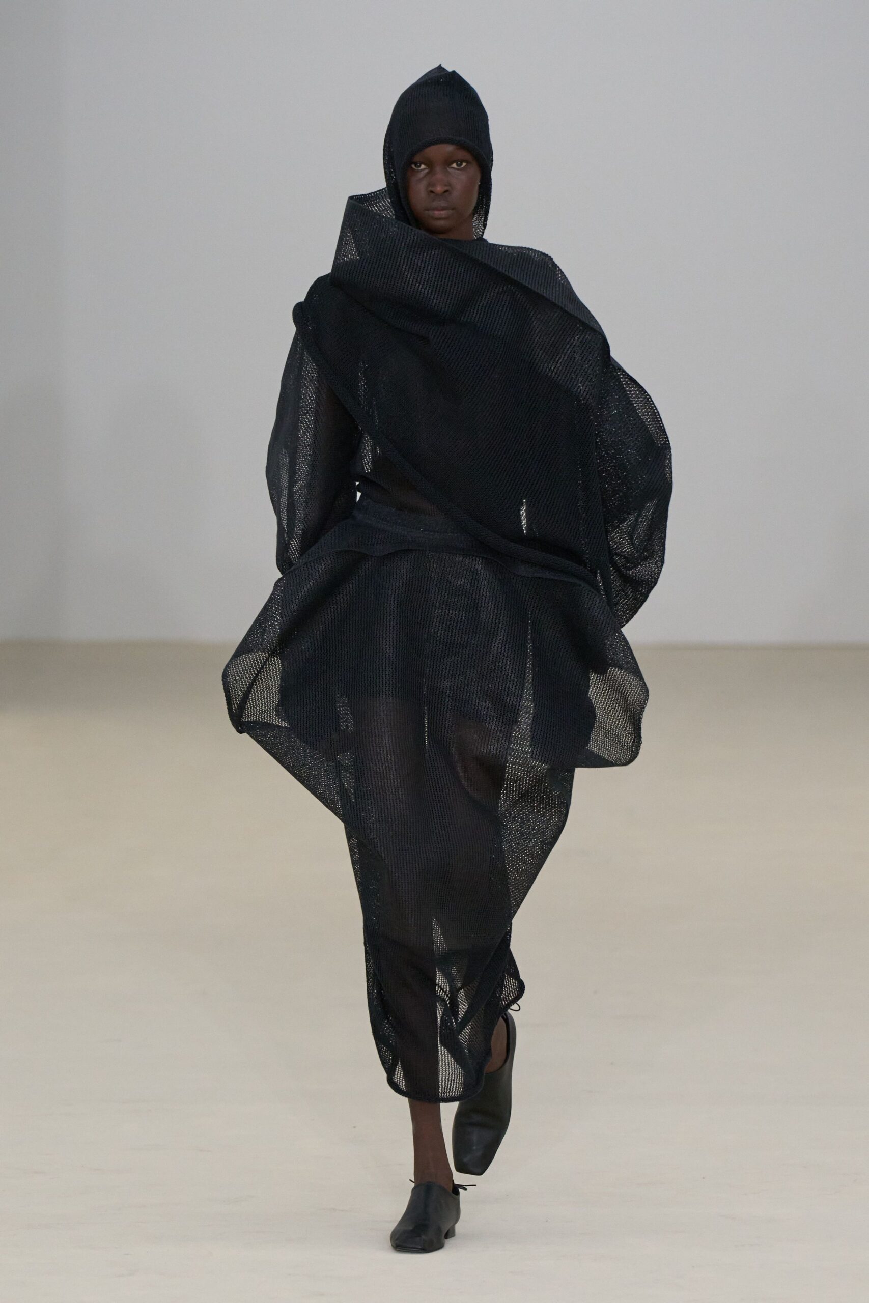 black mesh long-sleeve hooded relaxed layered sheer dress